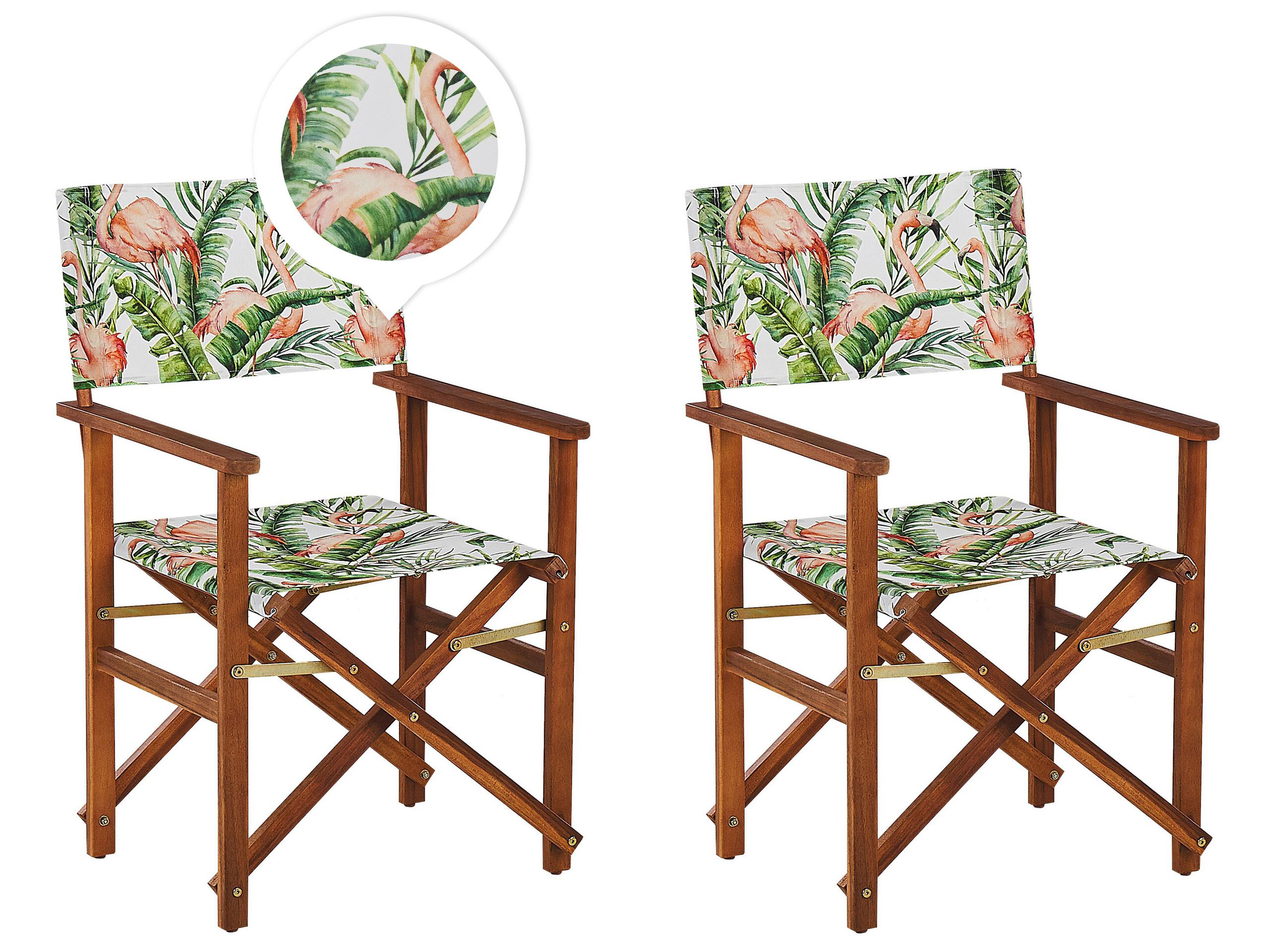 Set of 2 Acacia Folding Chairs and 2 Replacement Fabrics Dark Wood with Off-White / Flamingo Pattern CINE - Gemini Interiors