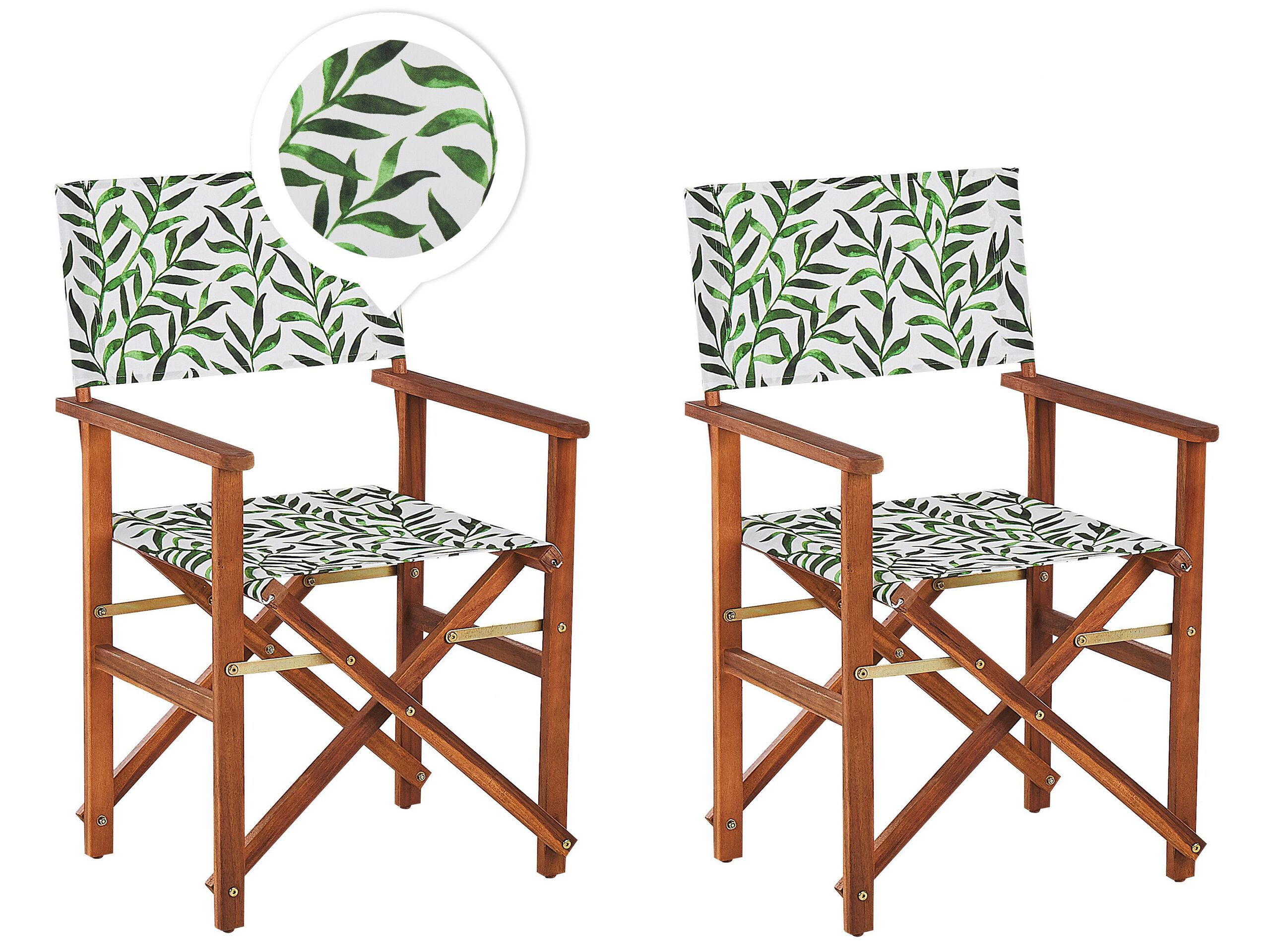 Set of 2 Acacia Folding Chairs and 2 Replacement Fabrics Dark Wood with Off-White / Leaf Pattern CINE - Gemini Interiors