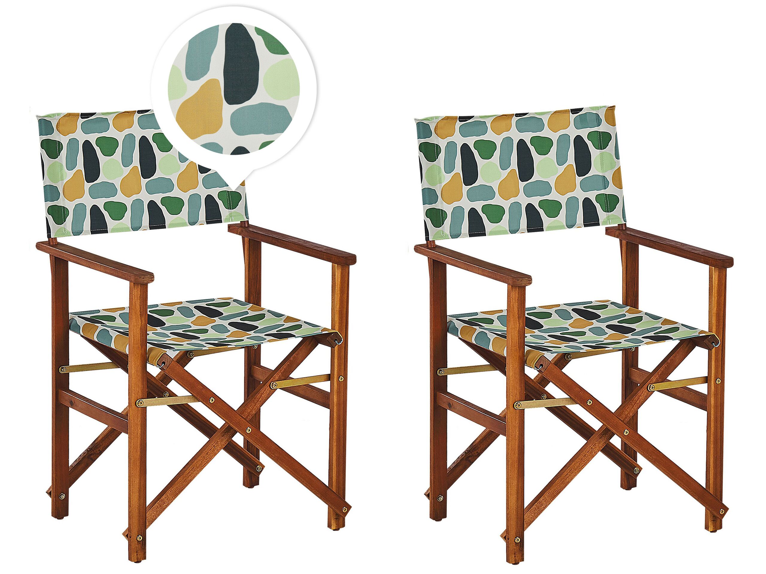 Set of 2 Acacia Folding Chairs and 2 Replacement Fabrics Dark Wood with Off-White / Geometric Pattern CINE - Gemini Interiors