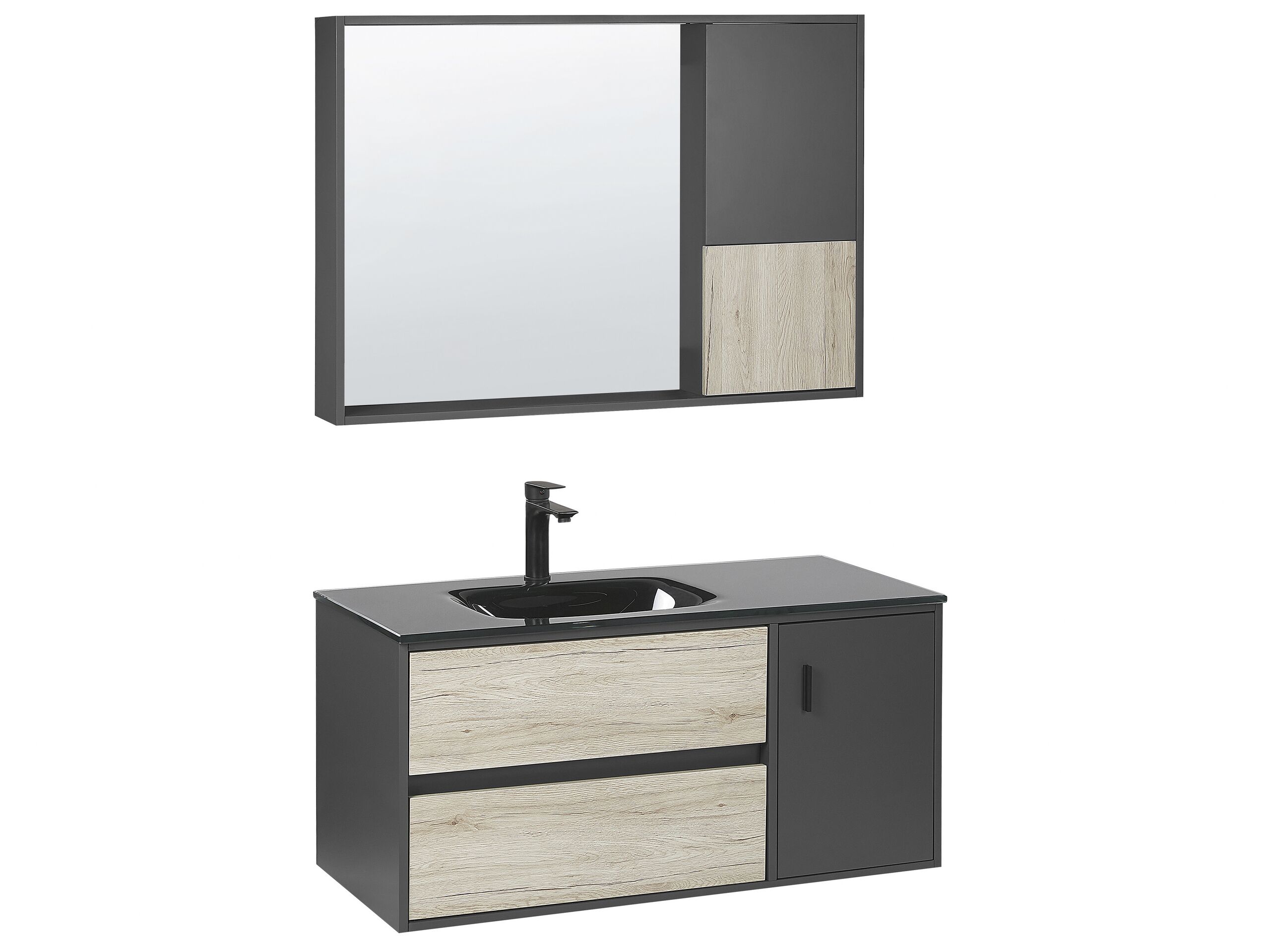 Bathroom Vanity Set with Mirrored Cabinet 100 cm Light Wood and Black TERUEL - Gemini Interiors