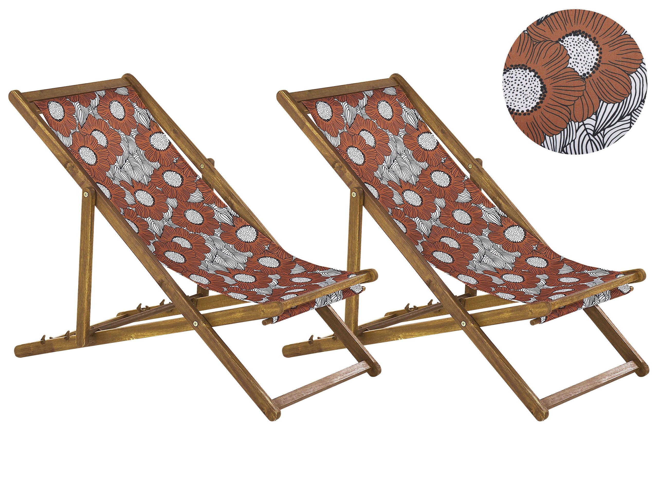 Set of 2 Acacia Folding Deck Chairs and 2 Replacement Fabrics Light Wood with Off-White / Poppies Pattern ANZIO - Gemini Interiors