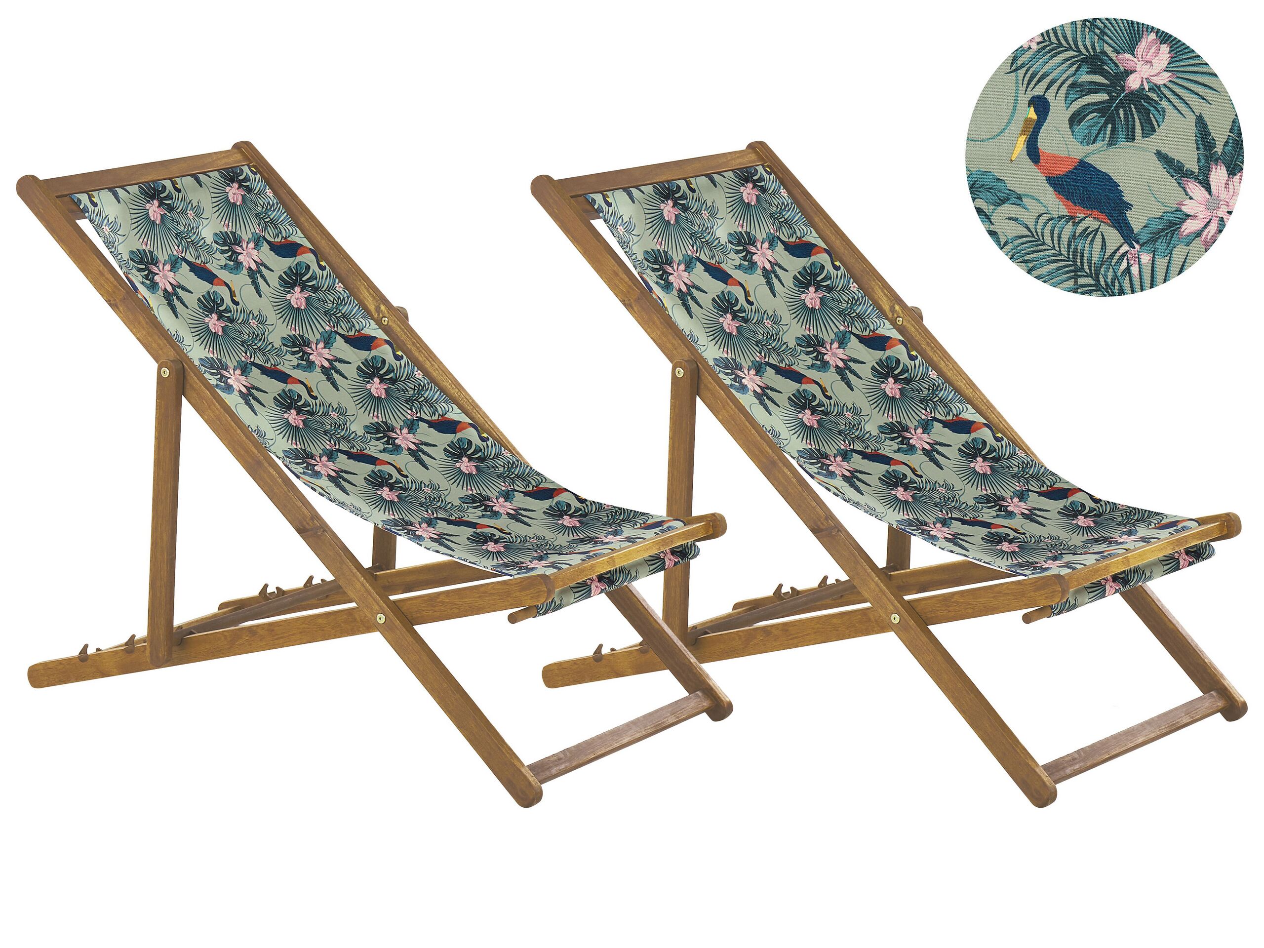 Set of 2 Acacia Folding Deck Chairs and 2 Replacement Fabrics Light Wood with Off-White / Pelican Pattern ANZIO - Gemini Interiors