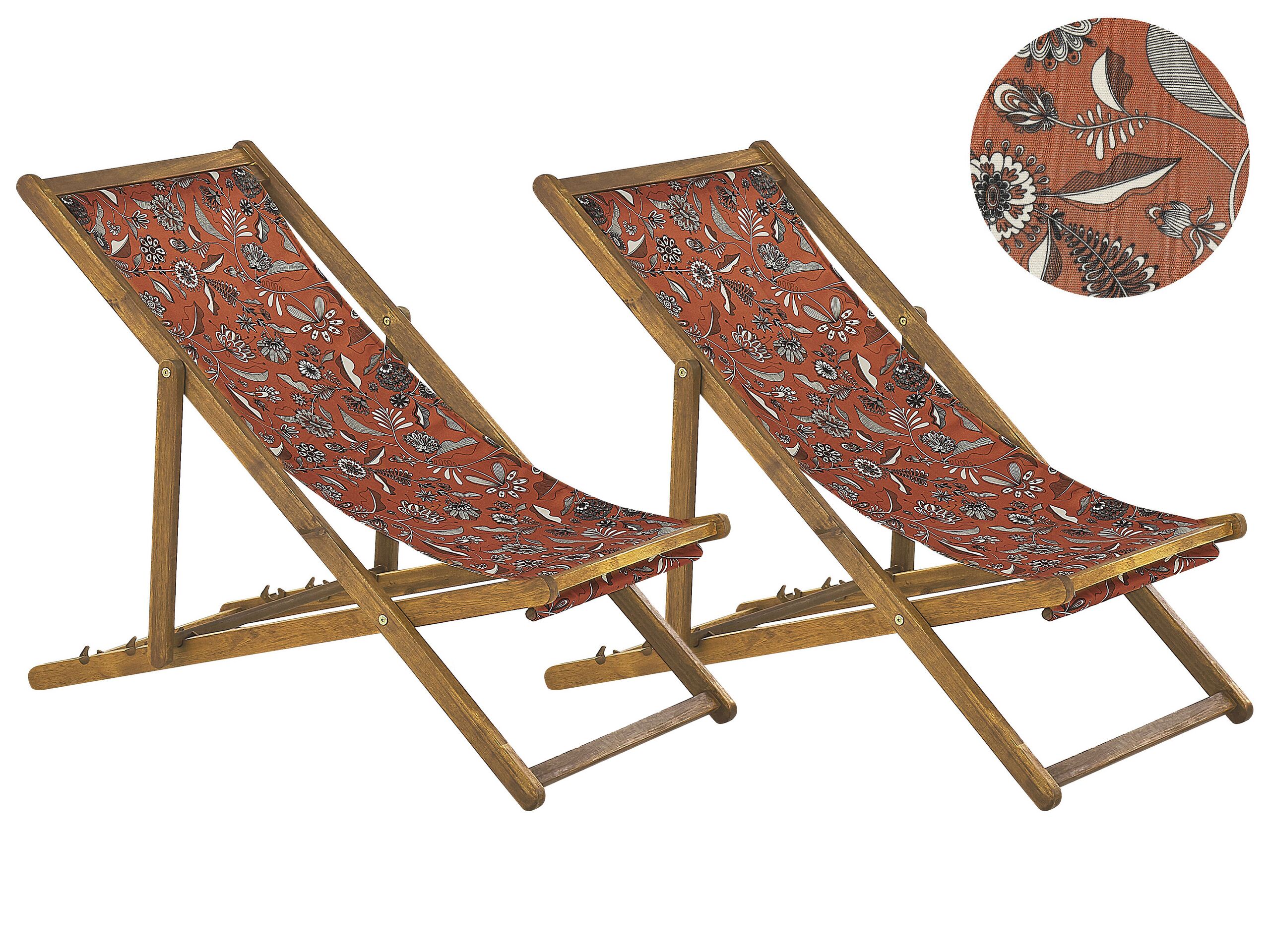 Set of 2 Acacia Folding Deck Chairs and 2 Replacement Fabrics Light Wood with Off-White / Red Floral Pattern ANZIO - Gemini Interiors