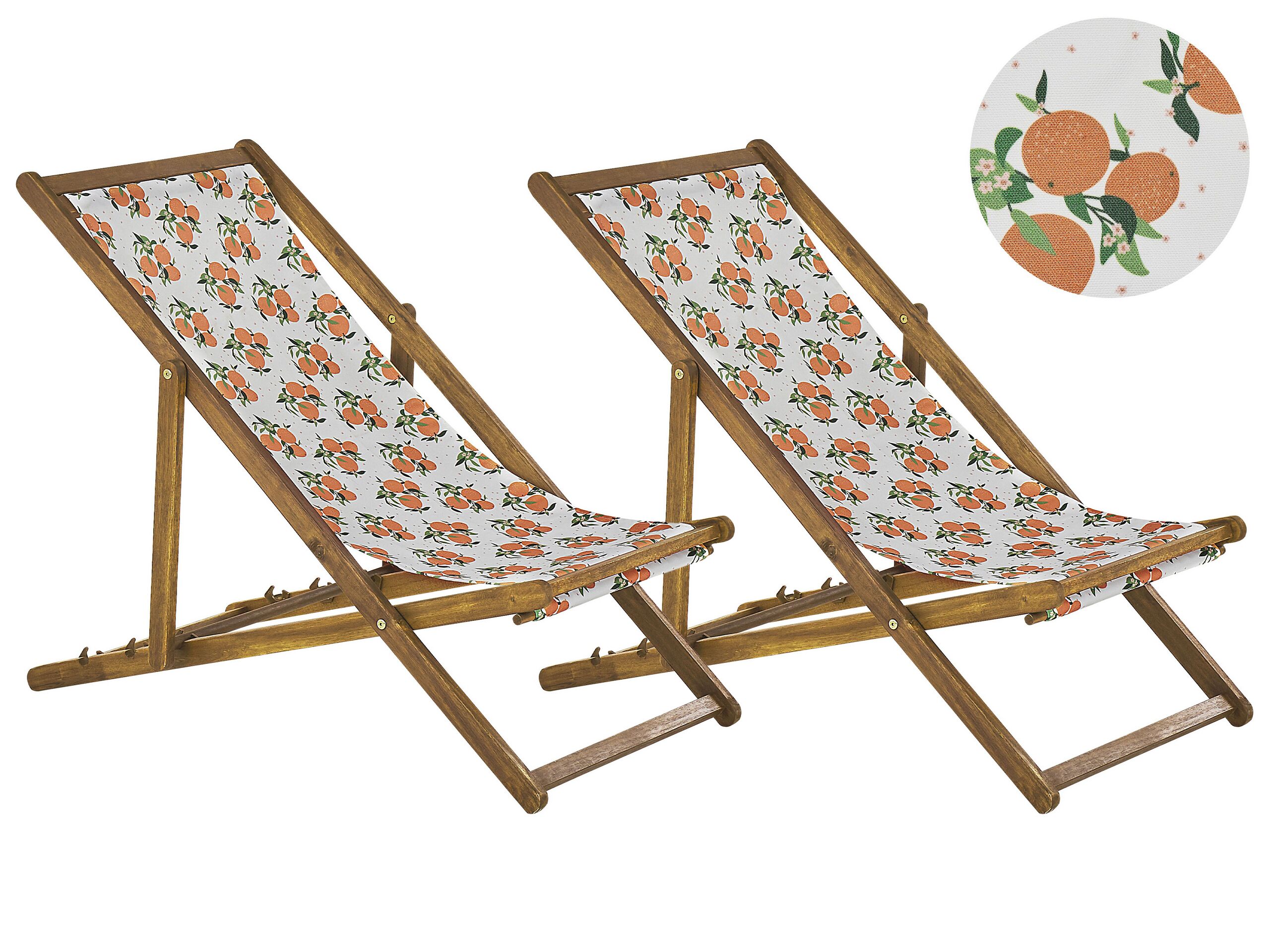 Set of 2 Acacia Folding Deck Chairs and 2 Replacement Fabrics Light Wood with Off-White / Oranges Pattern ANZIO - Gemini Interiors