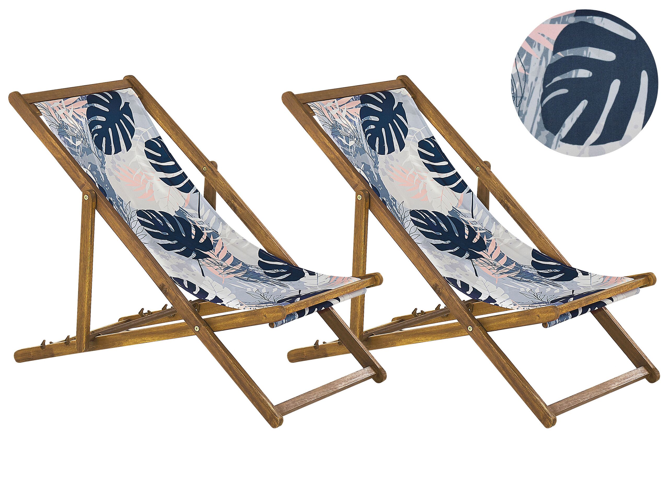Set of 2 Acacia Folding Deck Chairs and 2 Replacement Fabrics Light Wood with Off-White / Blue Palm Leaves Pattern ANZIO - Gemini Interiors