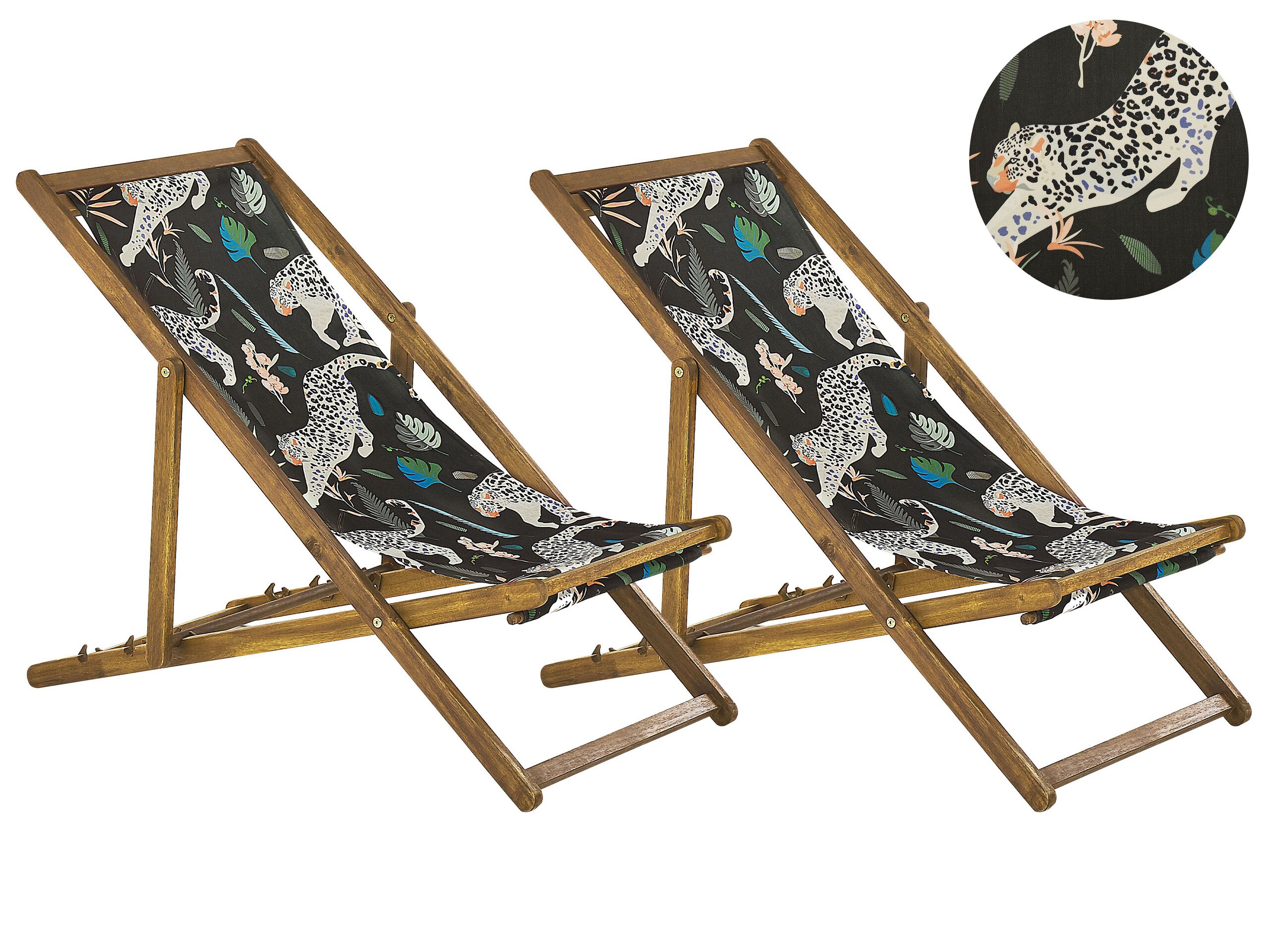 Set of 2 Acacia Folding Deck Chairs and 2 Replacement Fabrics Light Wood with Off-White / Animal Pattern ANZIO - Gemini Interiors