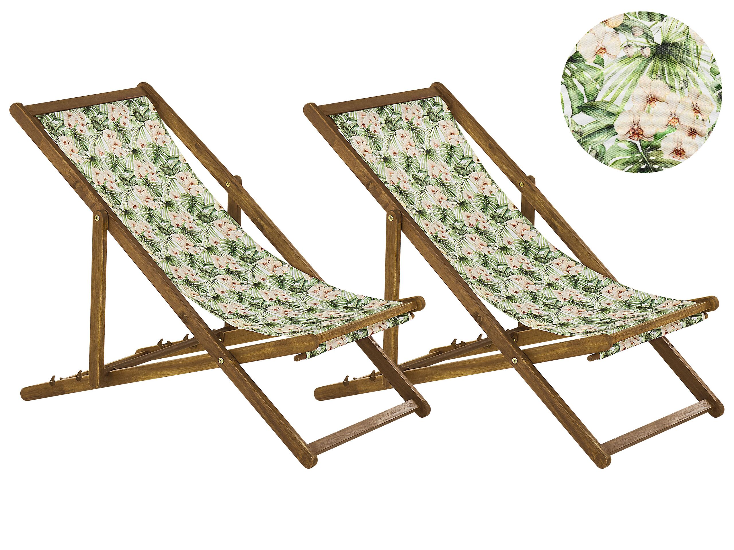 Set of 2 Acacia Folding Deck Chairs and 2 Replacement Fabrics Light Wood with Off-White / Floral Pattern ANZIO - Gemini Interiors