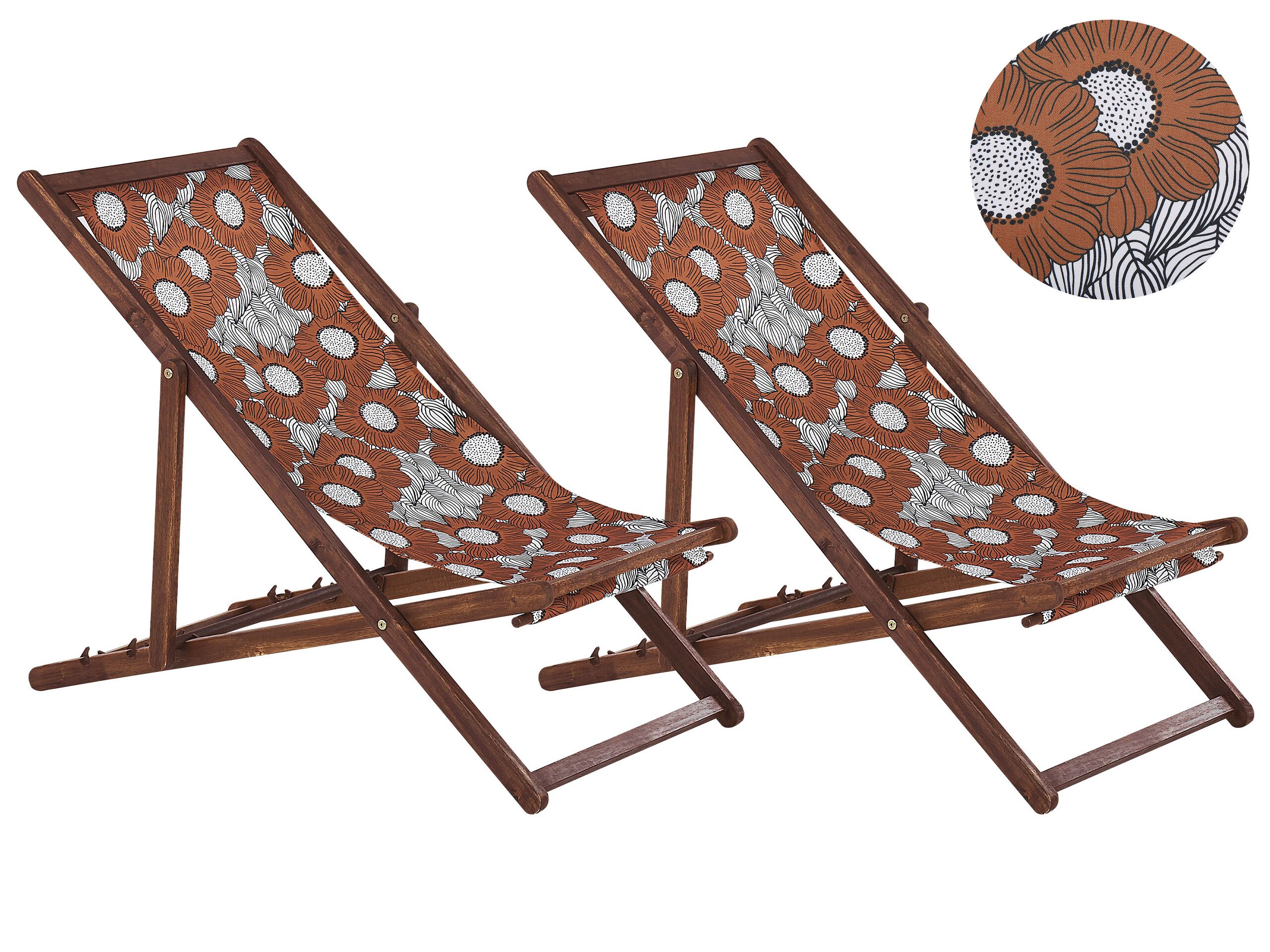 Set of 2 Acacia Folding Deck Chairs and 2 Replacement Fabrics Dark Wood with Off-White / Poppies Pattern ANZIO - Gemini Interiors