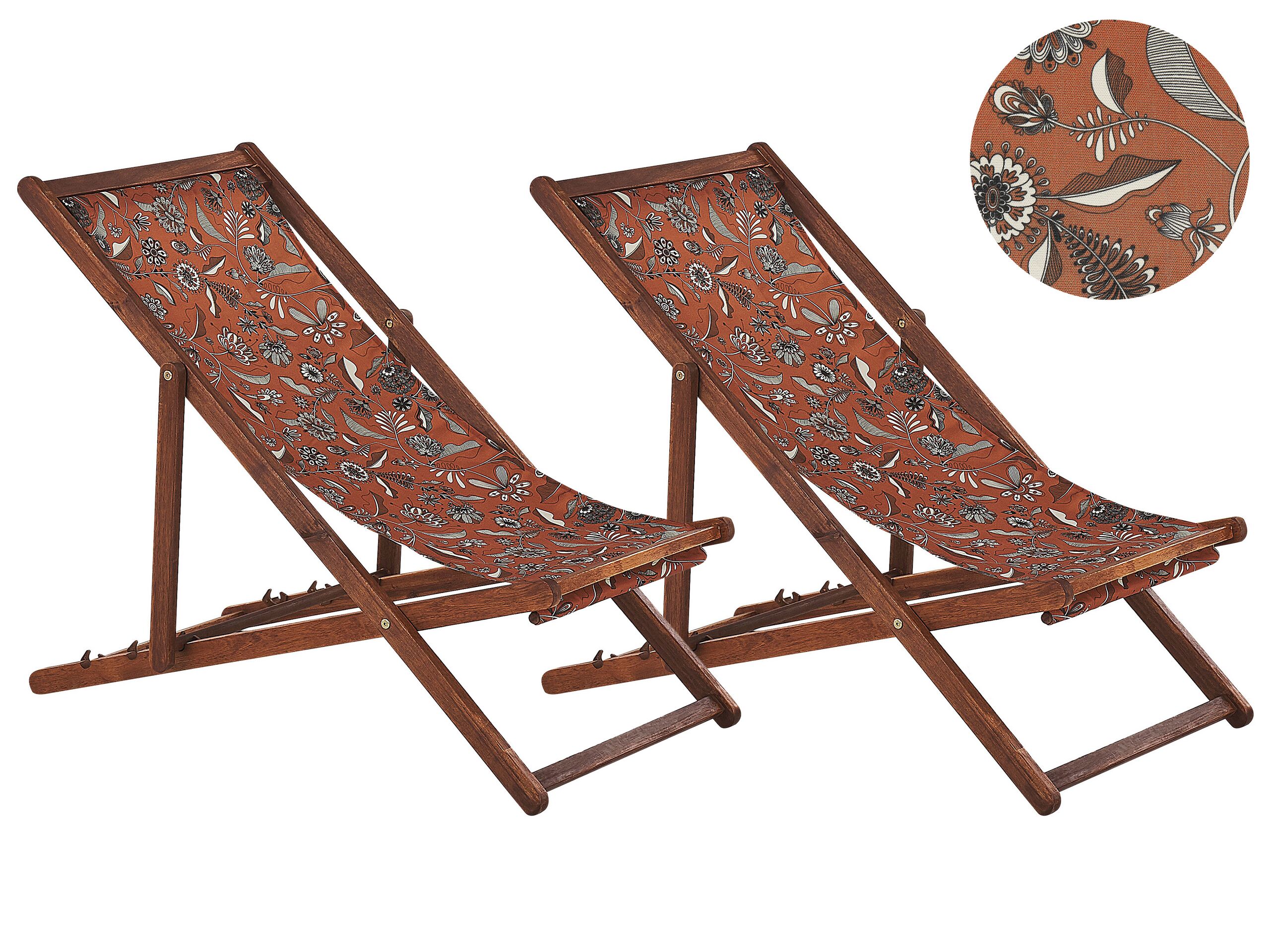Set of 2 Acacia Folding Deck Chairs and 2 Replacement Fabrics Dark Wood with Off-White / Red Floral Pattern ANZIO - Gemini Interiors