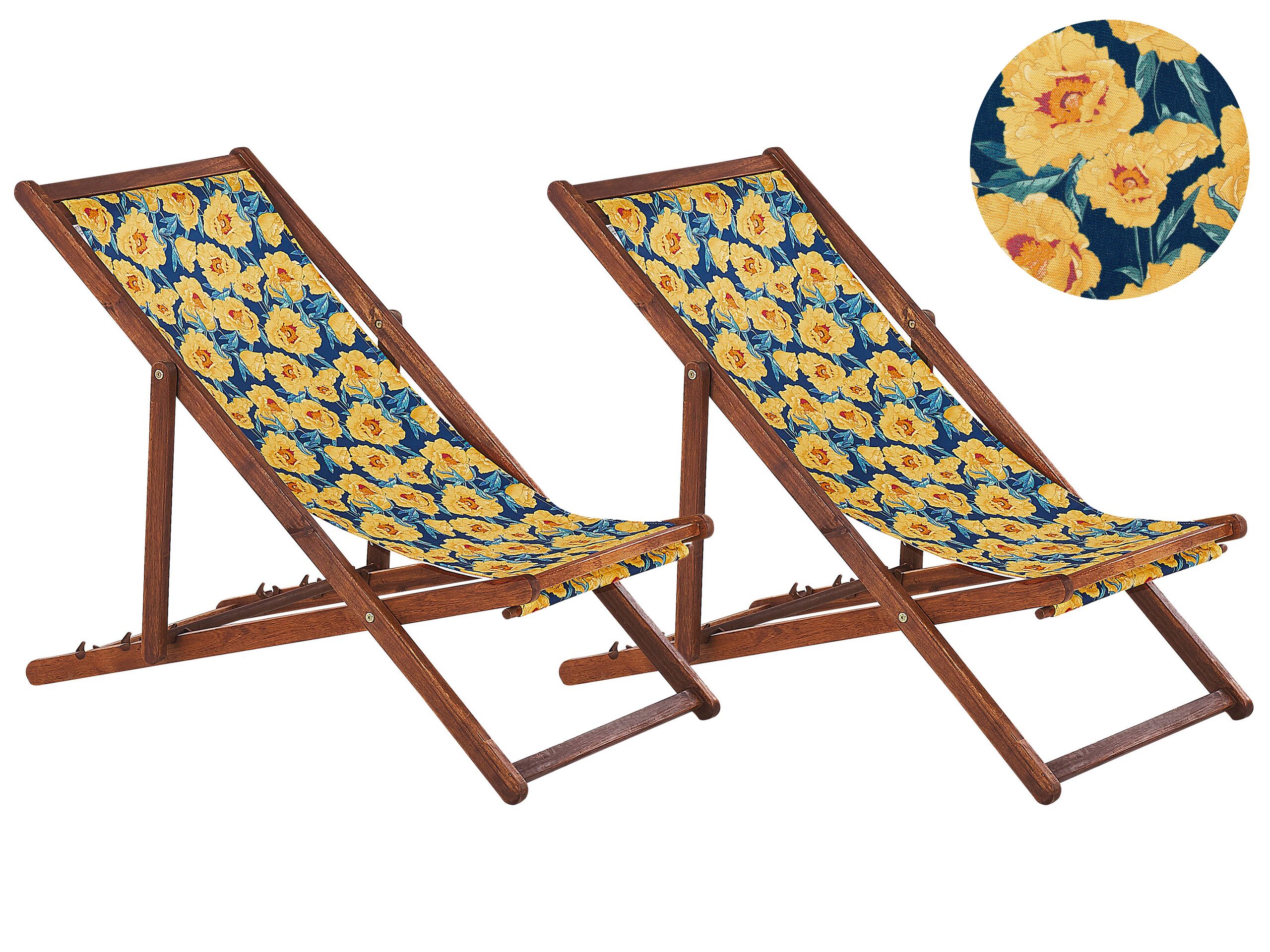 Set of 2 Acacia Folding Deck Chairs and 2 Replacement Fabrics Dark Wood with Off-White / Yellow Floral Pattern ANZIO - Gemini Interiors