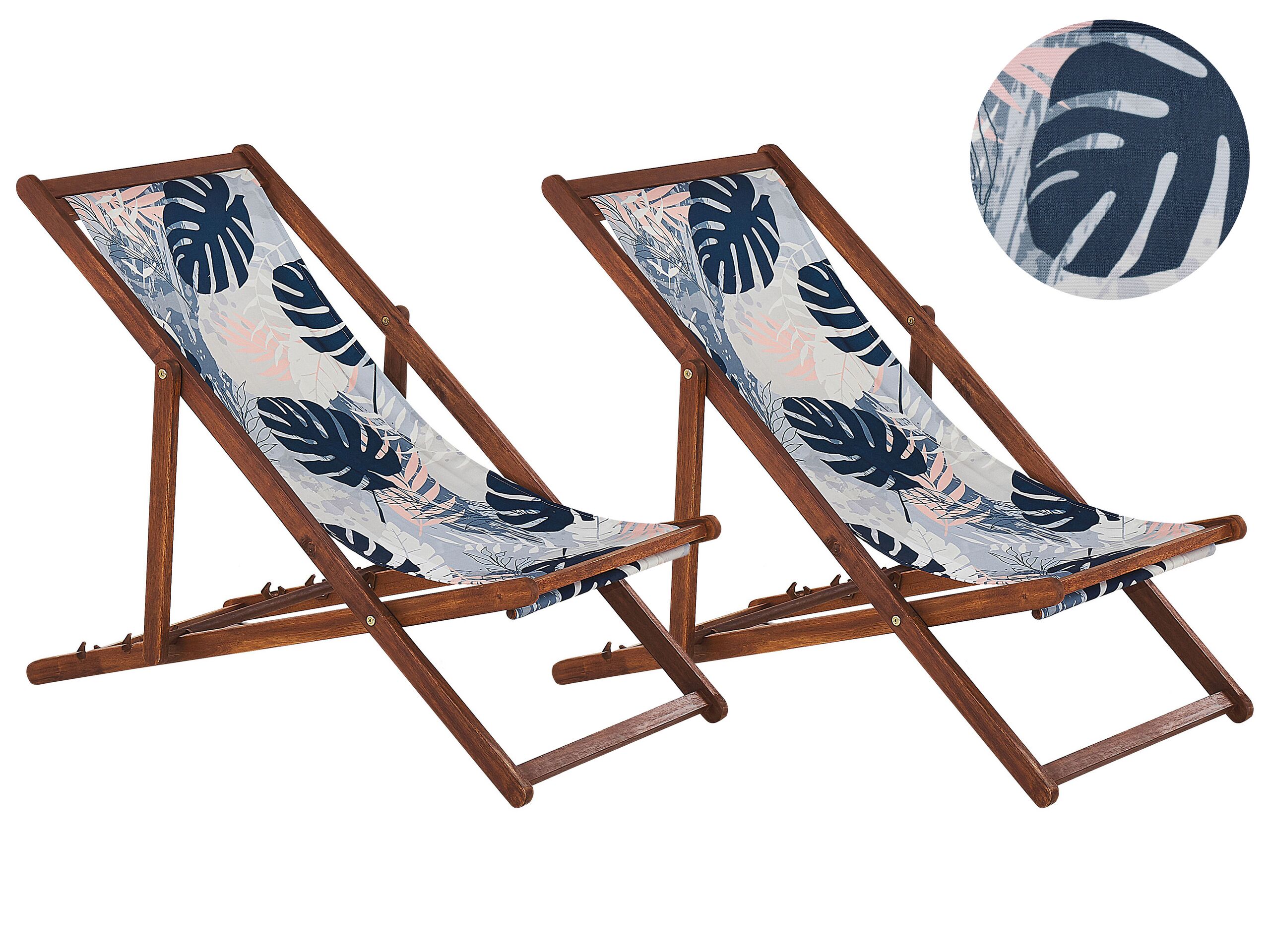 Set of 2 Acacia Folding Deck Chairs and 2 Replacement Fabrics Dark Wood with Off-White / Blue Palm Leaves Pattern ANZIO - Gemini Interiors