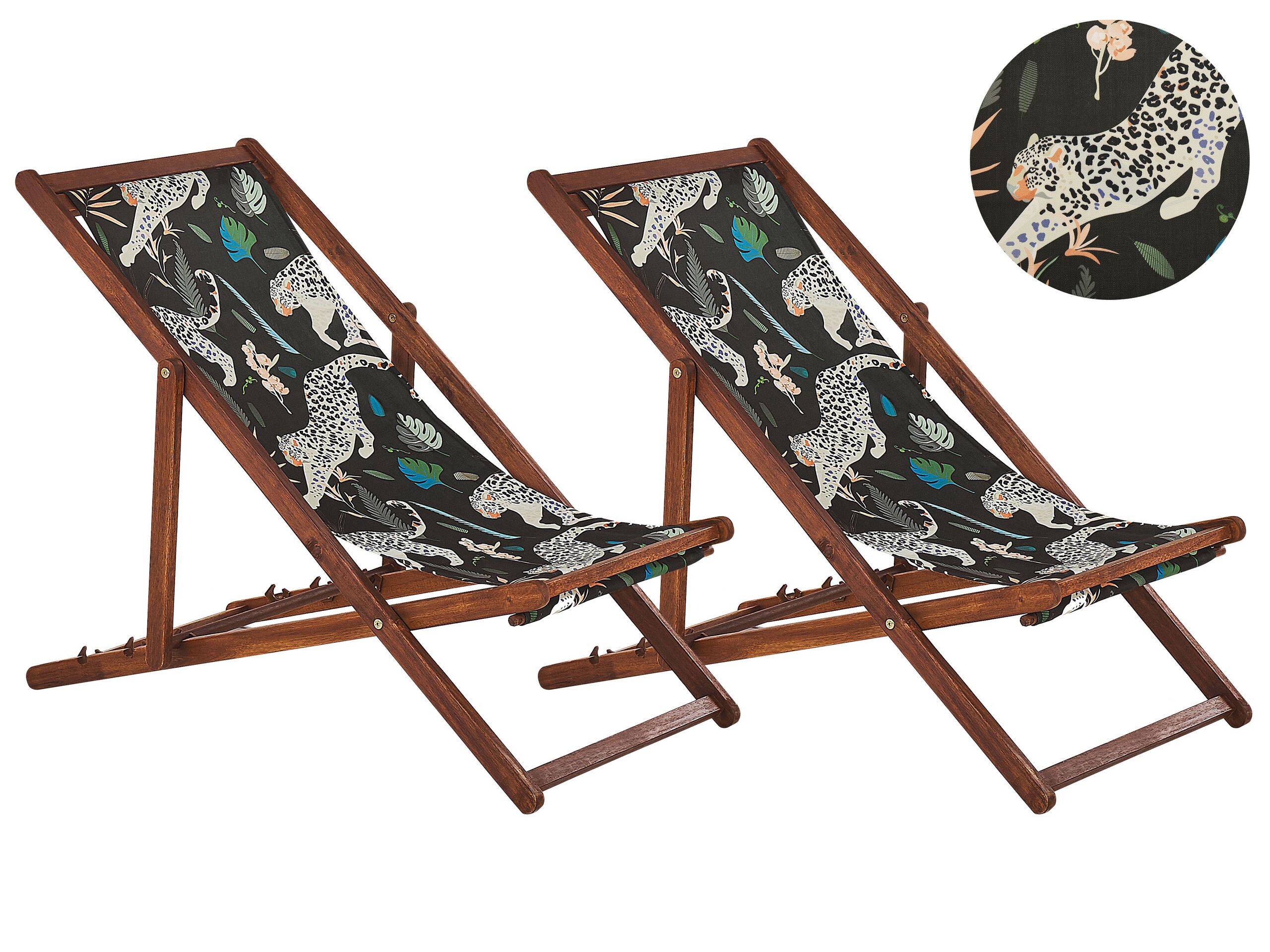 Set of 2 Acacia Folding Deck Chairs and 2 Replacement Fabrics Dark Wood with Off-White / Animal Pattern ANZIO - Gemini Interiors