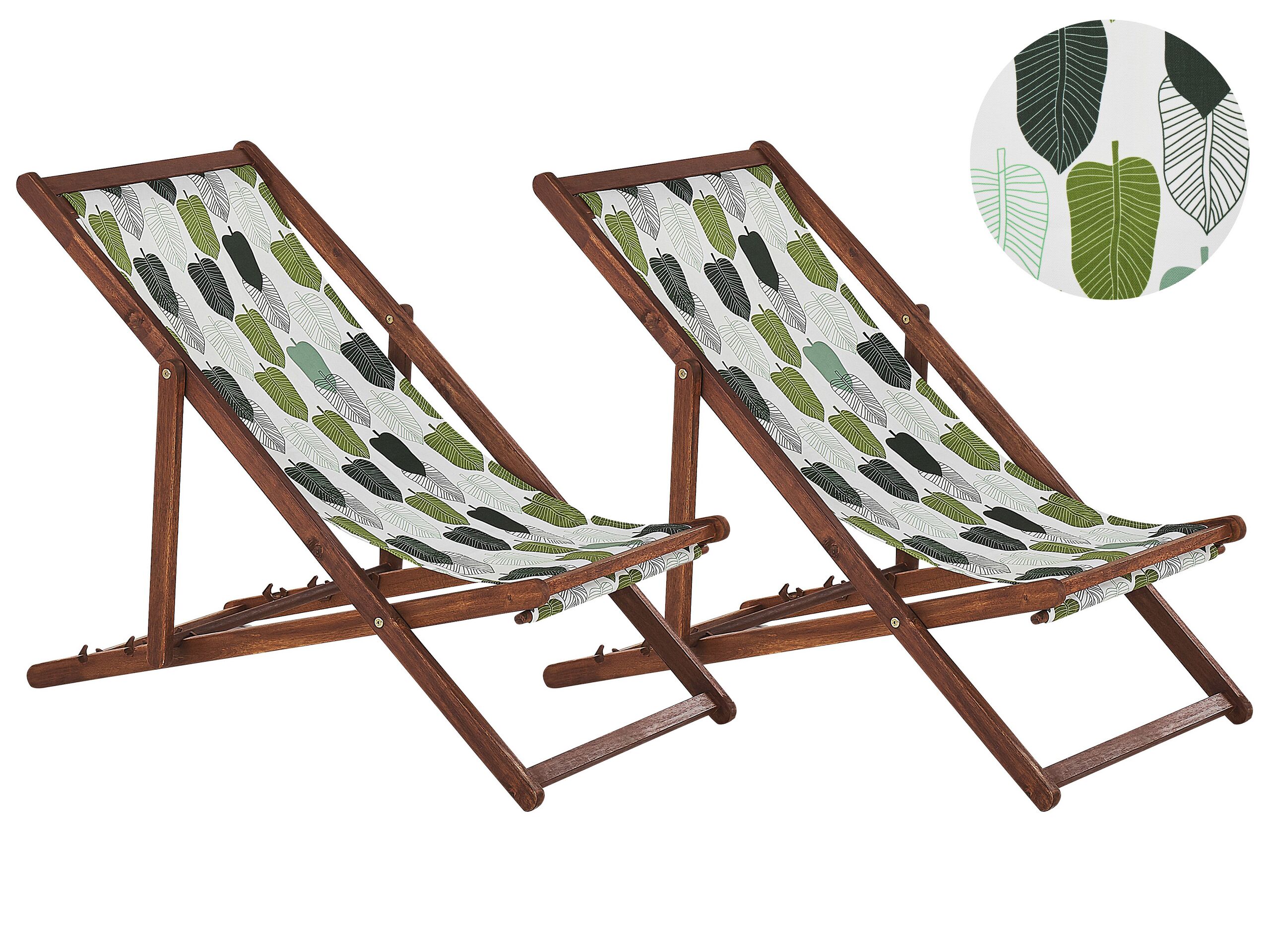 Set of 2 Acacia Folding Deck Chairs and 2 Replacement Fabrics Dark Wood with Off-White / Green Leaf Pattern ANZIO - Gemini Interiors