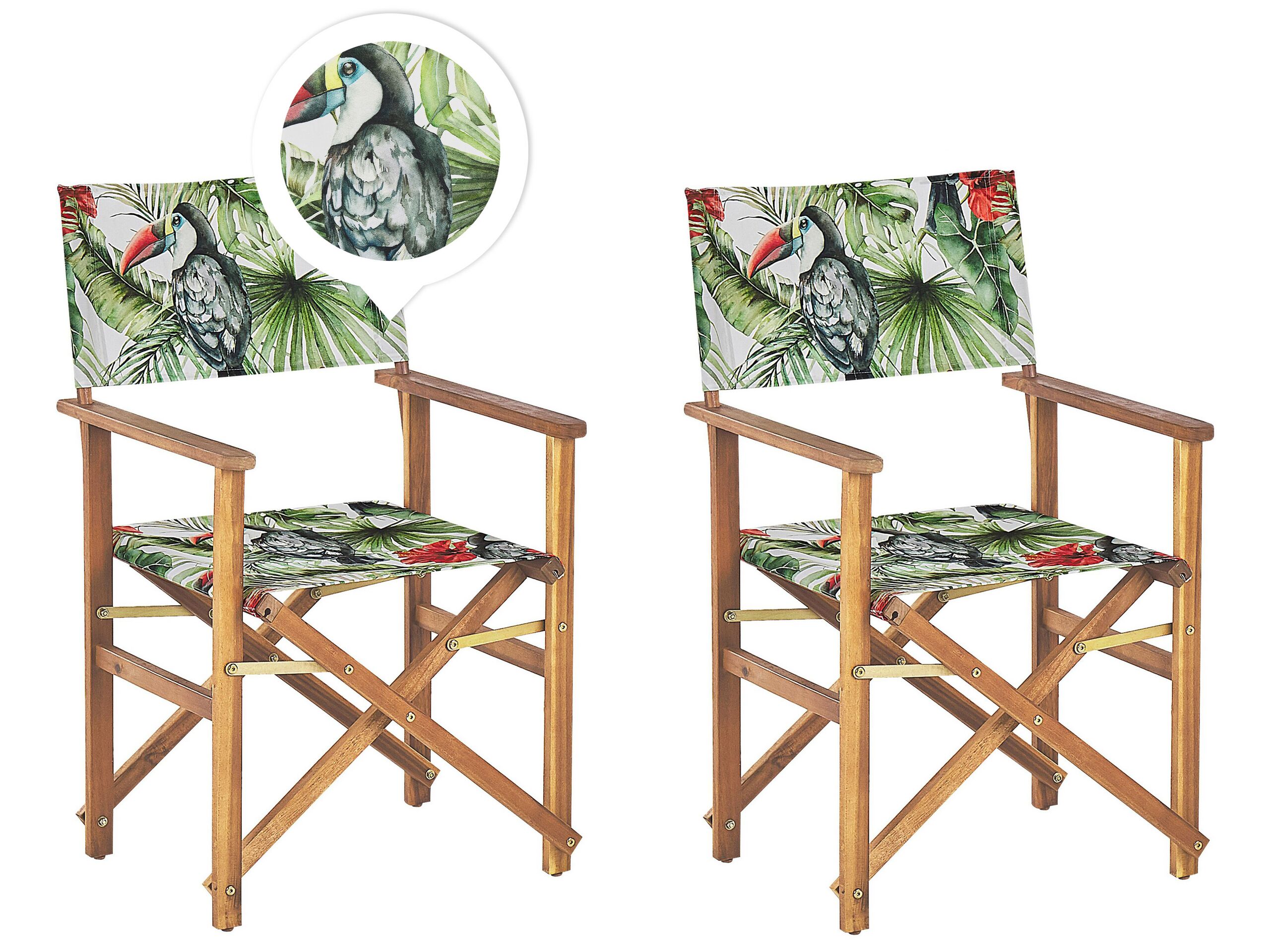 Set of 2 Acacia Folding Chairs and 2 Replacement Fabrics Light Wood with Off-White / Toucan Pattern CINE - Gemini Interiors