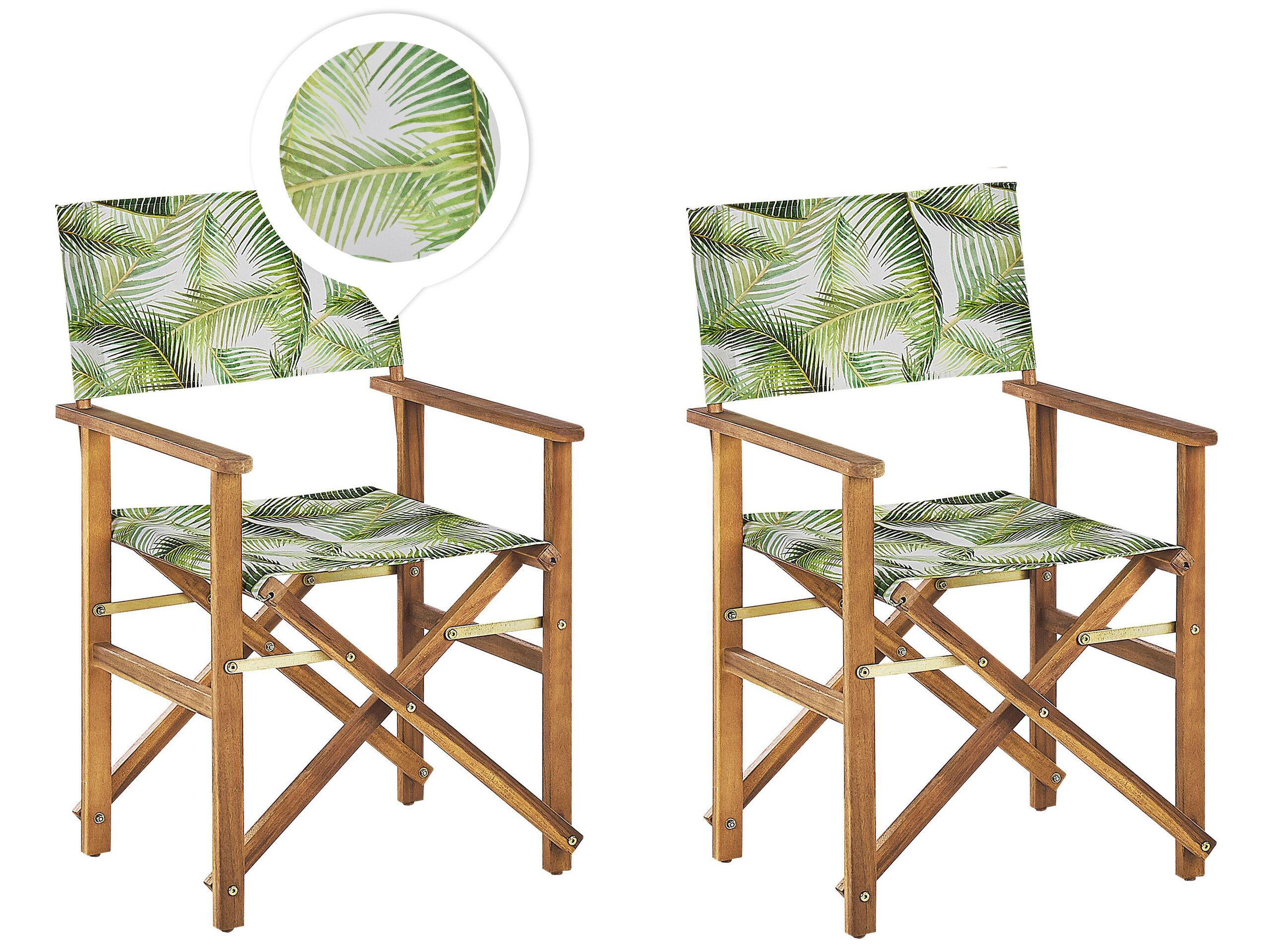 Set of 2 Acacia Folding Chairs and 2 Replacement Fabrics Light Wood with Off-White / Tropical Leaves Pattern CINE - Gemini Interiors