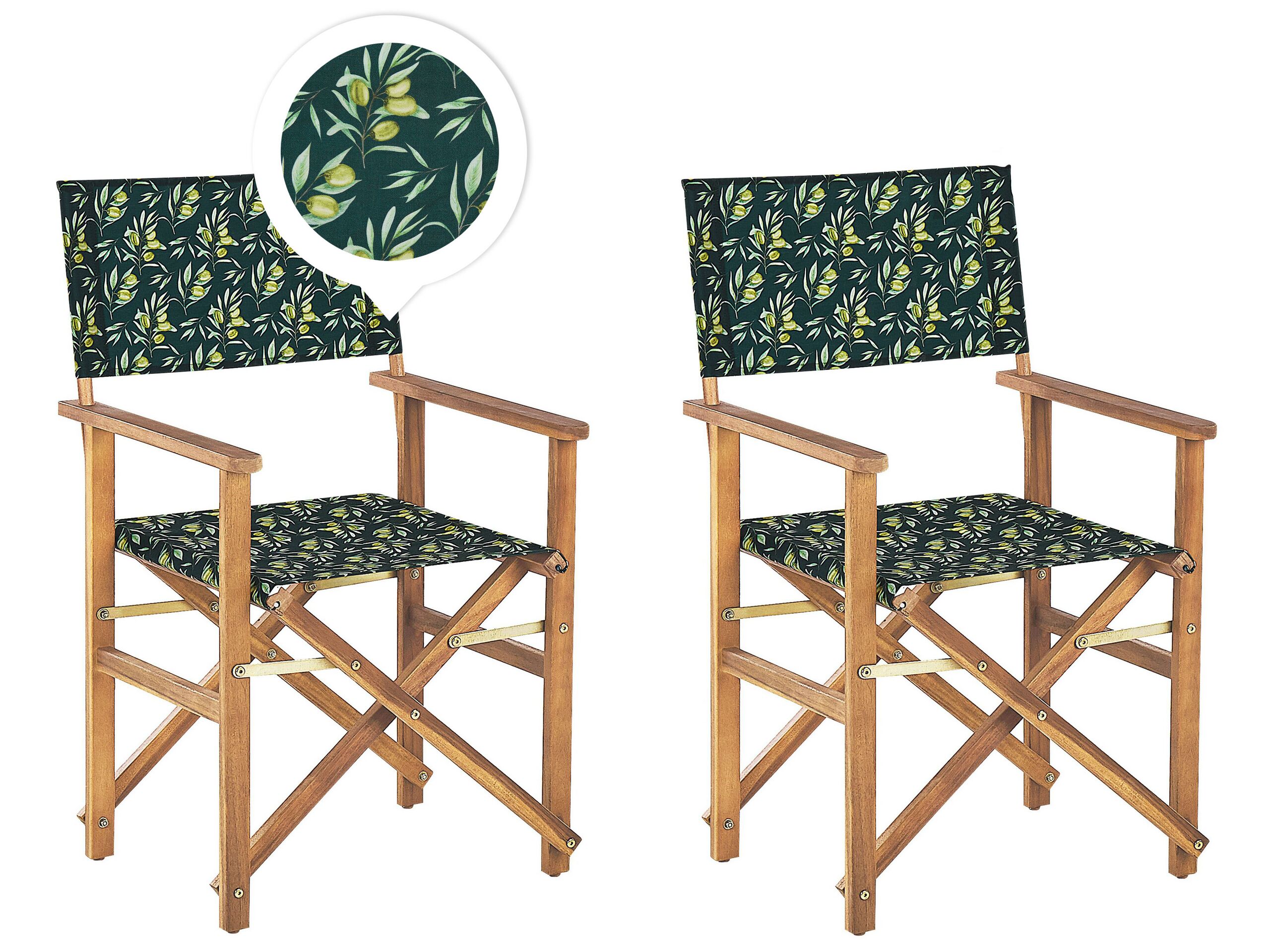Set of 2 Acacia Folding Chairs and 2 Replacement Fabrics Light Wood with Off-White / Olives Pattern CINE - Gemini Interiors