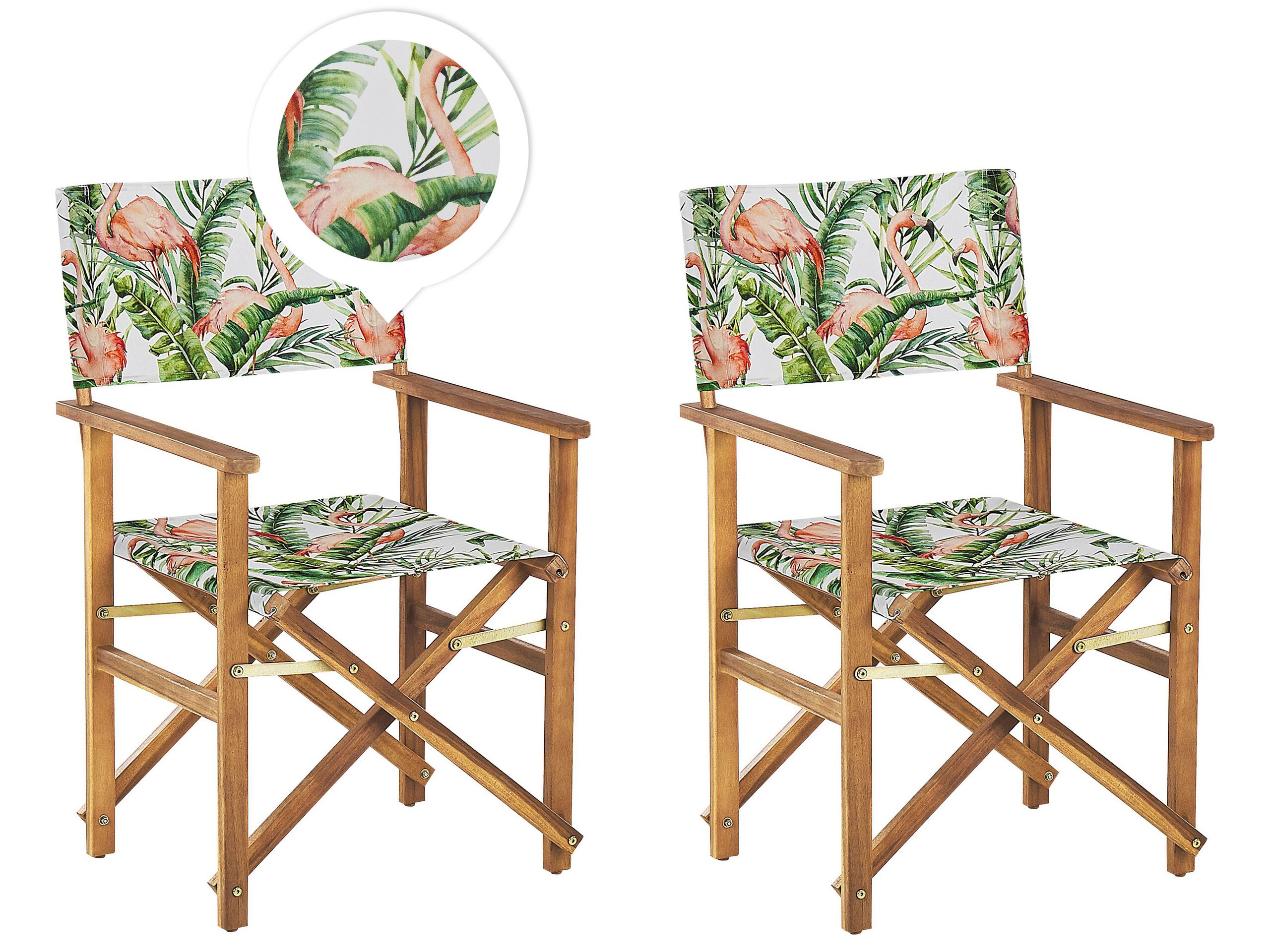 Set of 2 Acacia Folding Chairs and 2 Replacement Fabrics Light Wood with Off-White / Flamingo Pattern CINE - Gemini Interiors