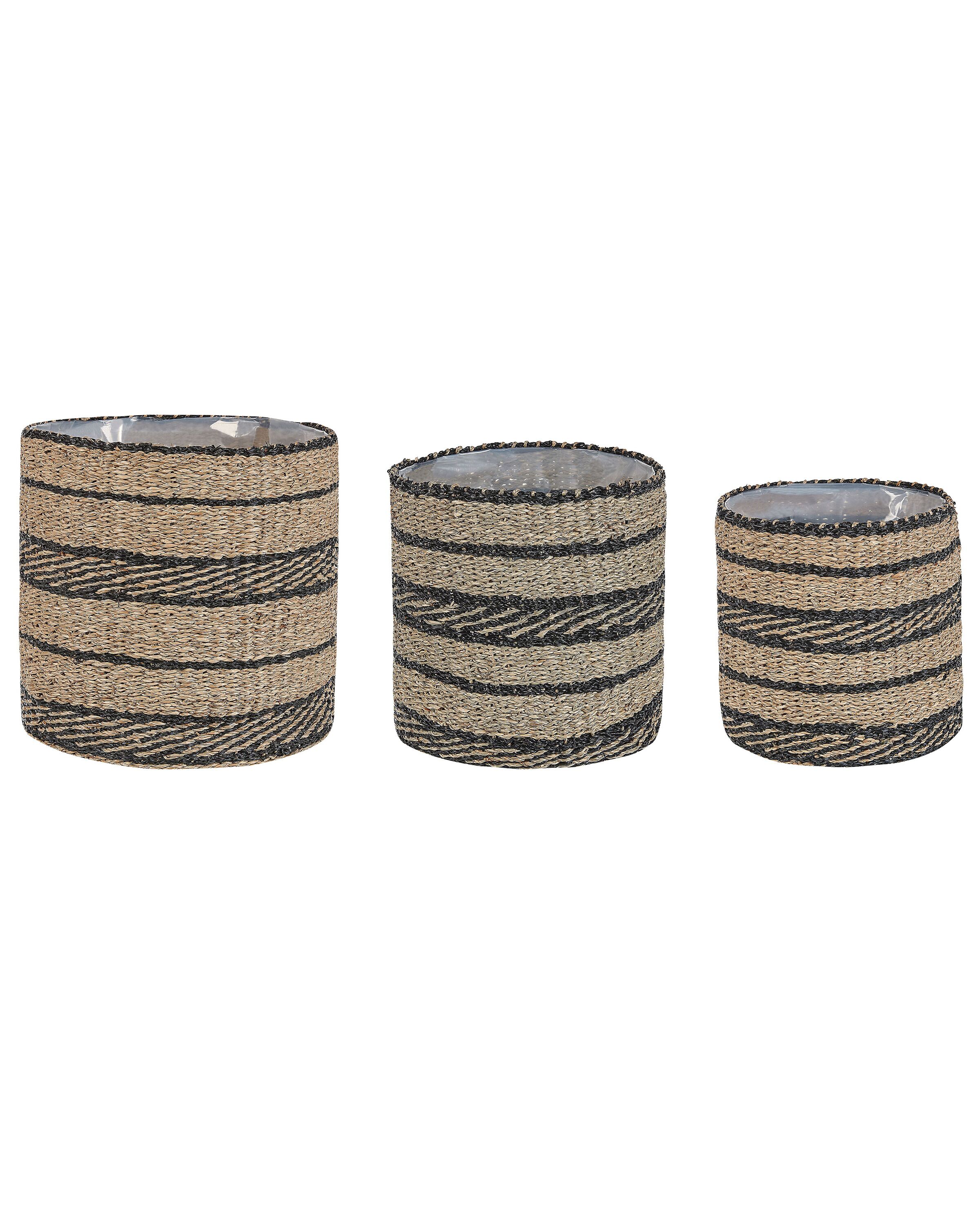 Set of 3 Seagrass Plant Pot Baskets Natural and Black RASBORA - Gemini Interiors