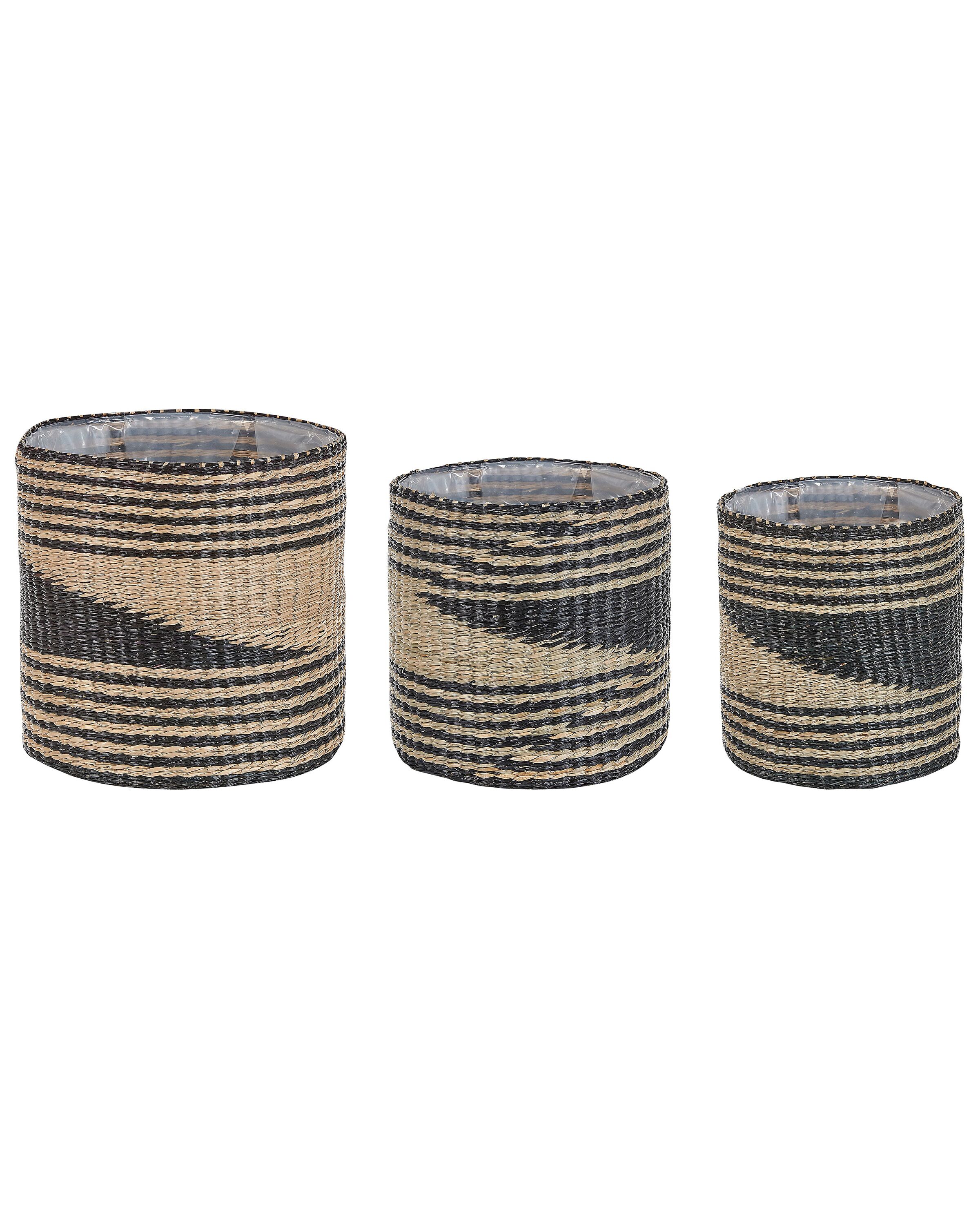 Set of 3 Seagrass Plant Pot Baskets Natural and Black RATTAIL - Gemini Interiors