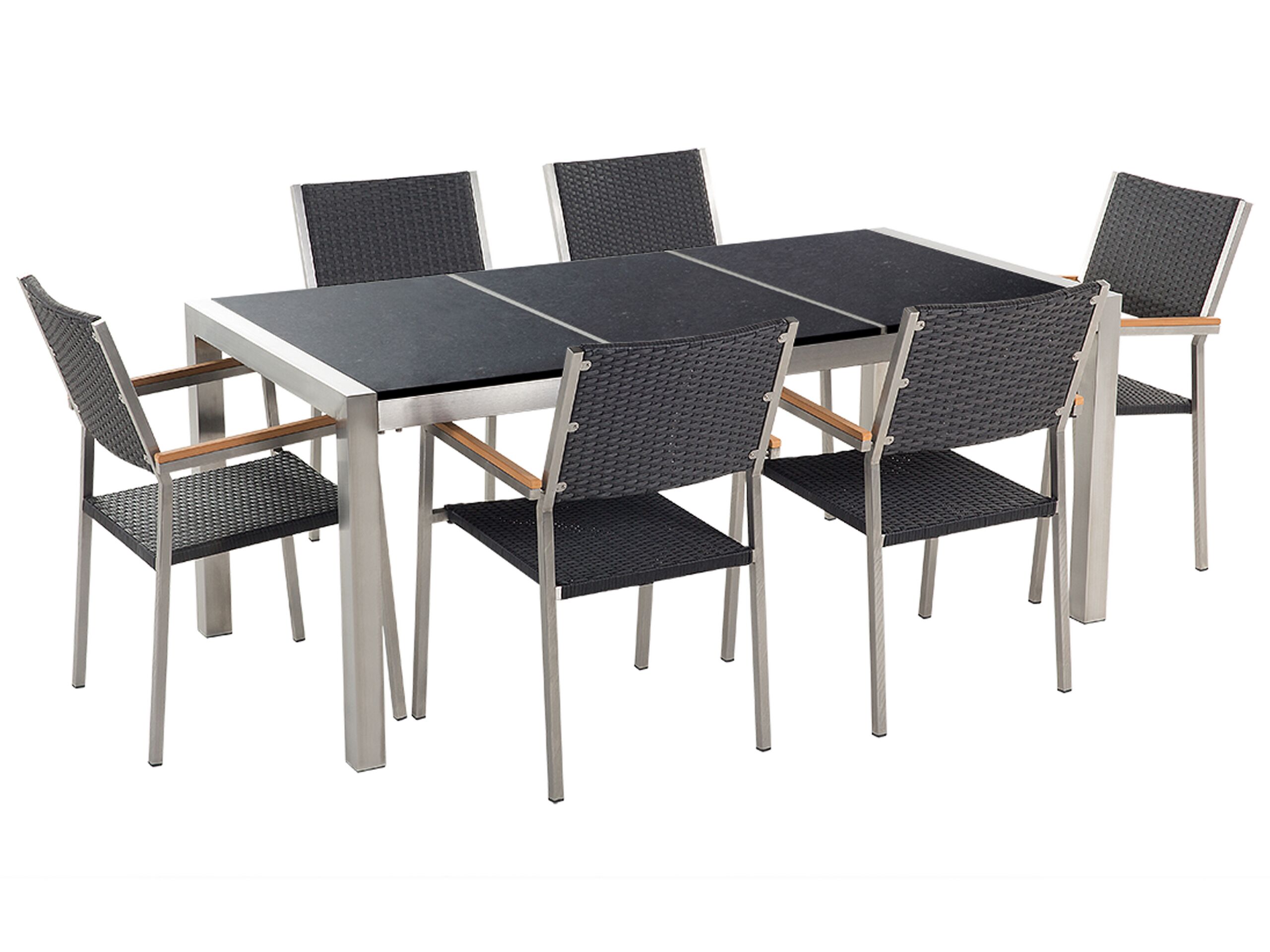 6 Seater Garden Dining Set Black Granite Triple Plate Top with Black Rattan Chairs GROSSETO - Gemini Interiors