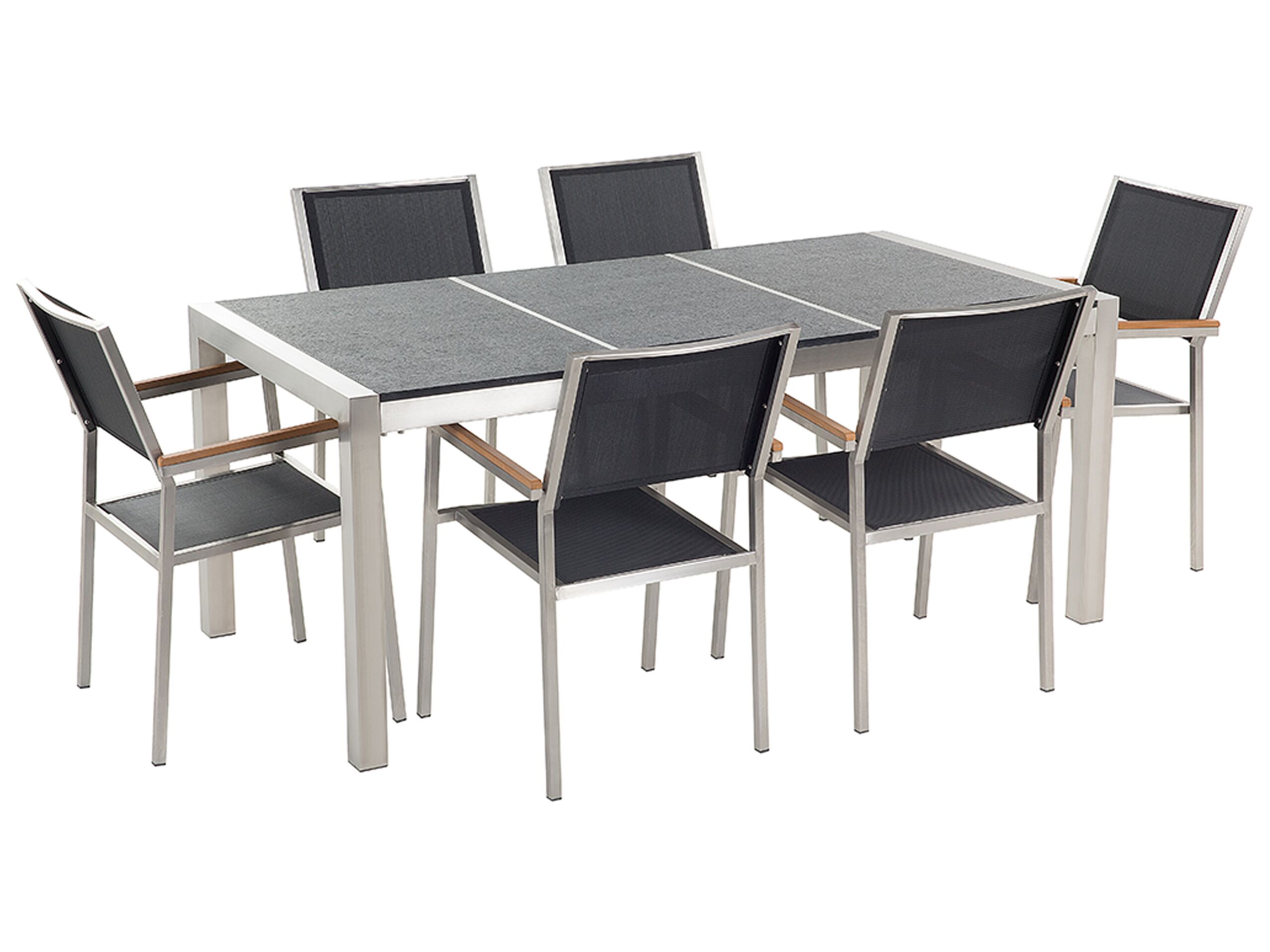 6 Seater Garden Dining Set Black Granite Top Synthetic Chairs GROSSETO - Gemini Interiors