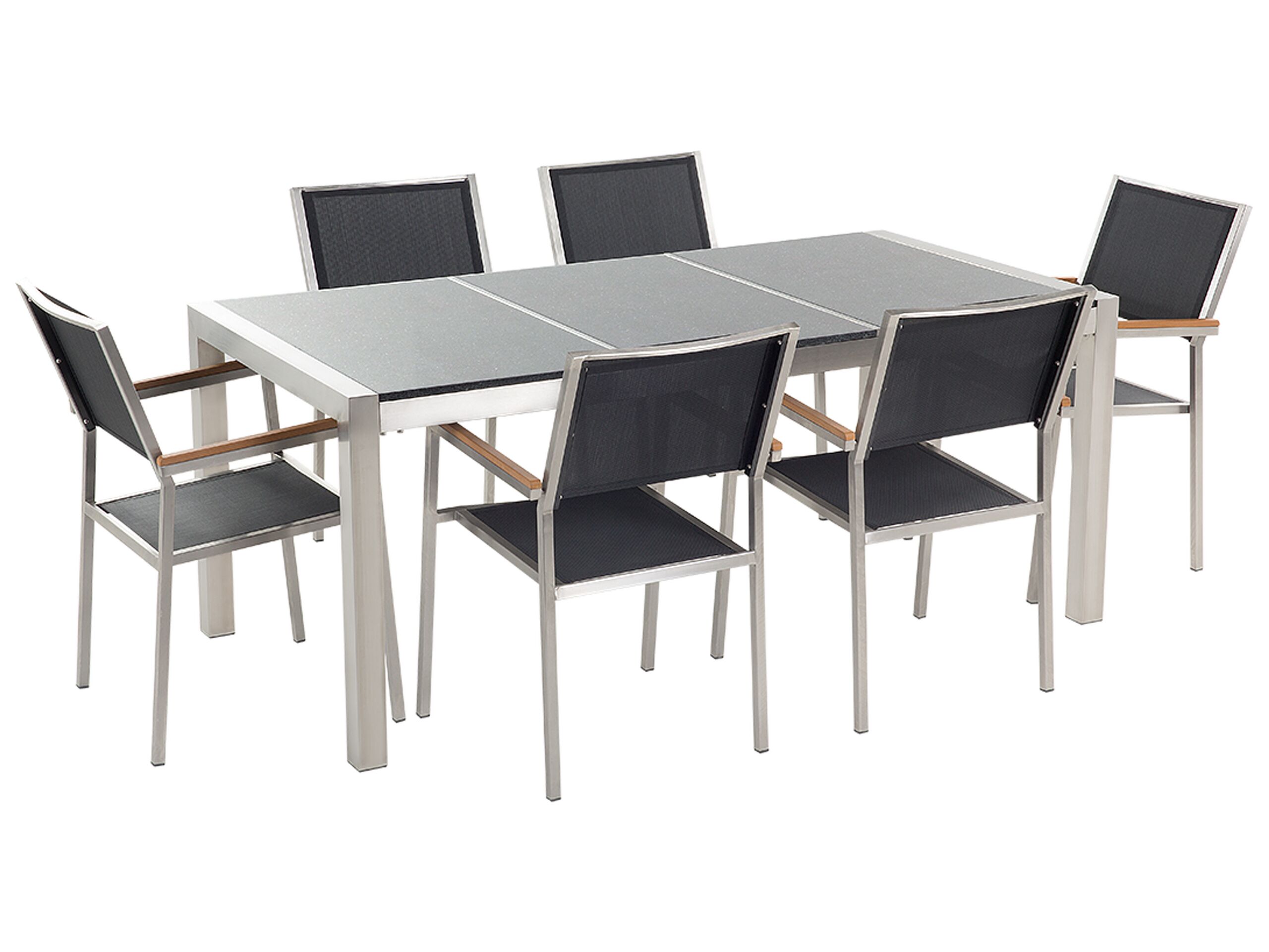 6 Seater Garden Dining Set Grey Granite Triple Plate Top with Black Chairs GROSSETO - Gemini Interiors