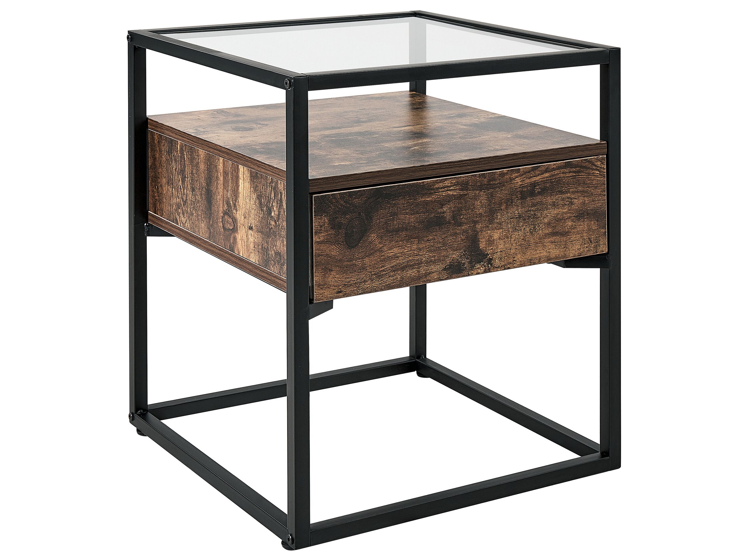 1 Drawer Glass Top Side Table Dark Wood with Black MAUK - Gemini Interiors