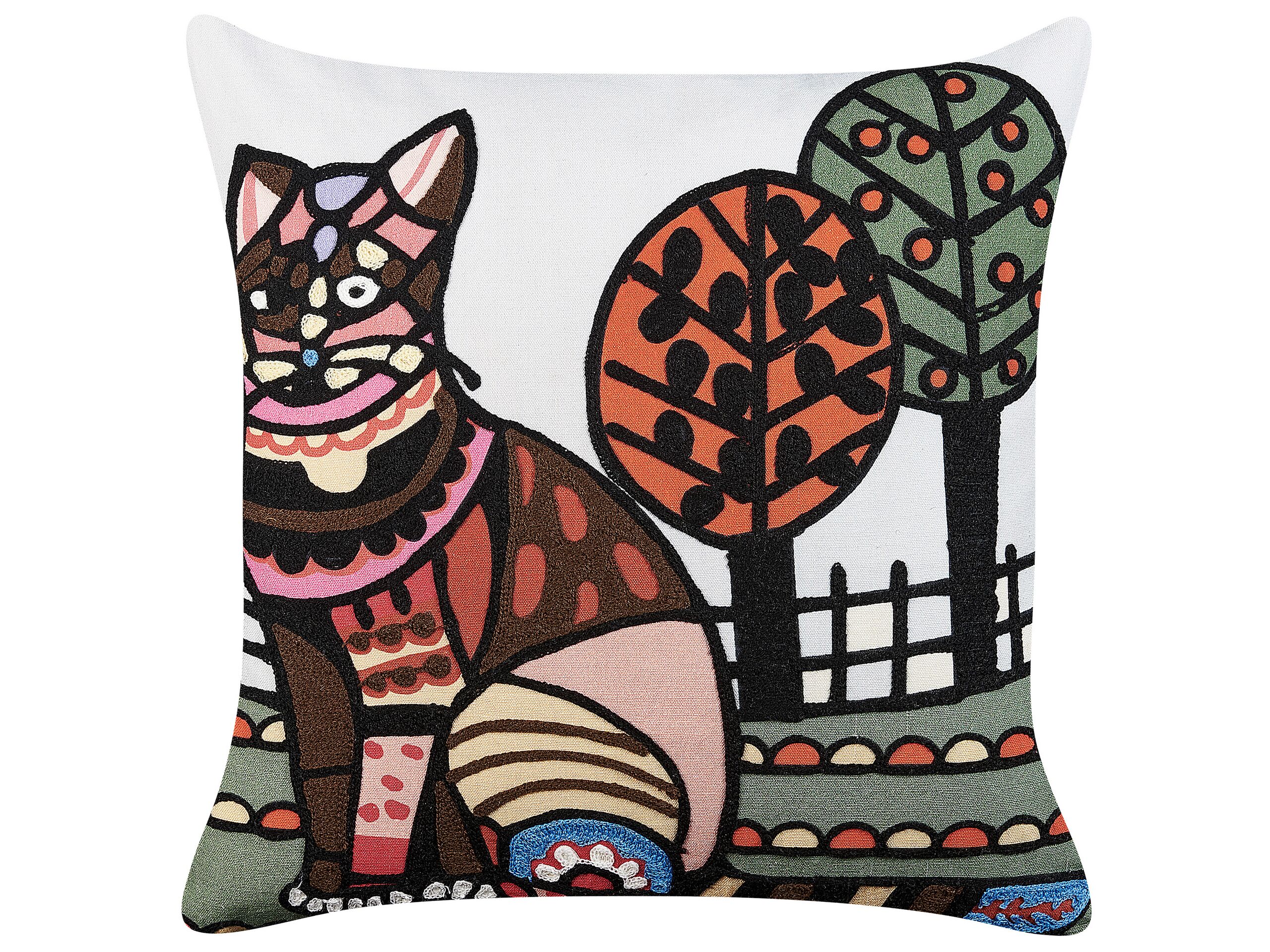 Embroidered Cotton Cushion Cat Motif 50x50cm Multicolour - Gemini Interiors
