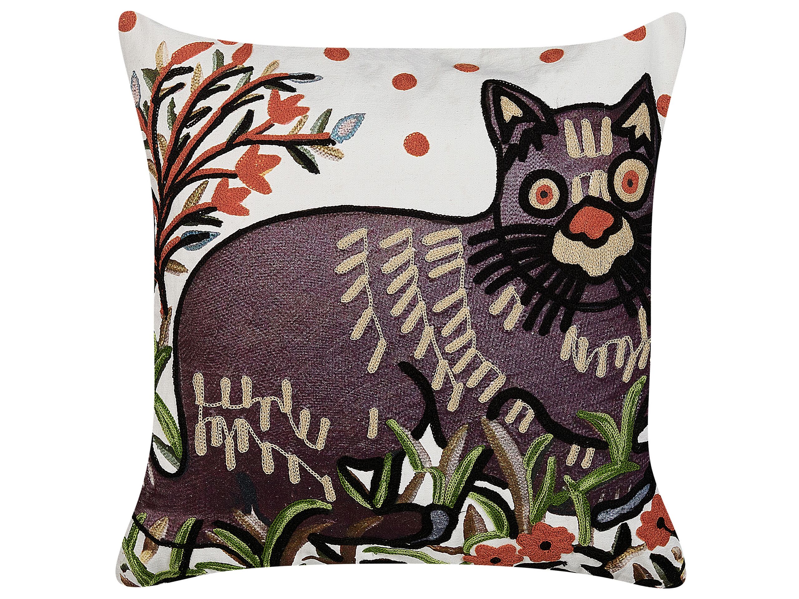 Embroidered Cotton Cushion Cat Motif 50x50cm Multicolour - Gemini Interiors