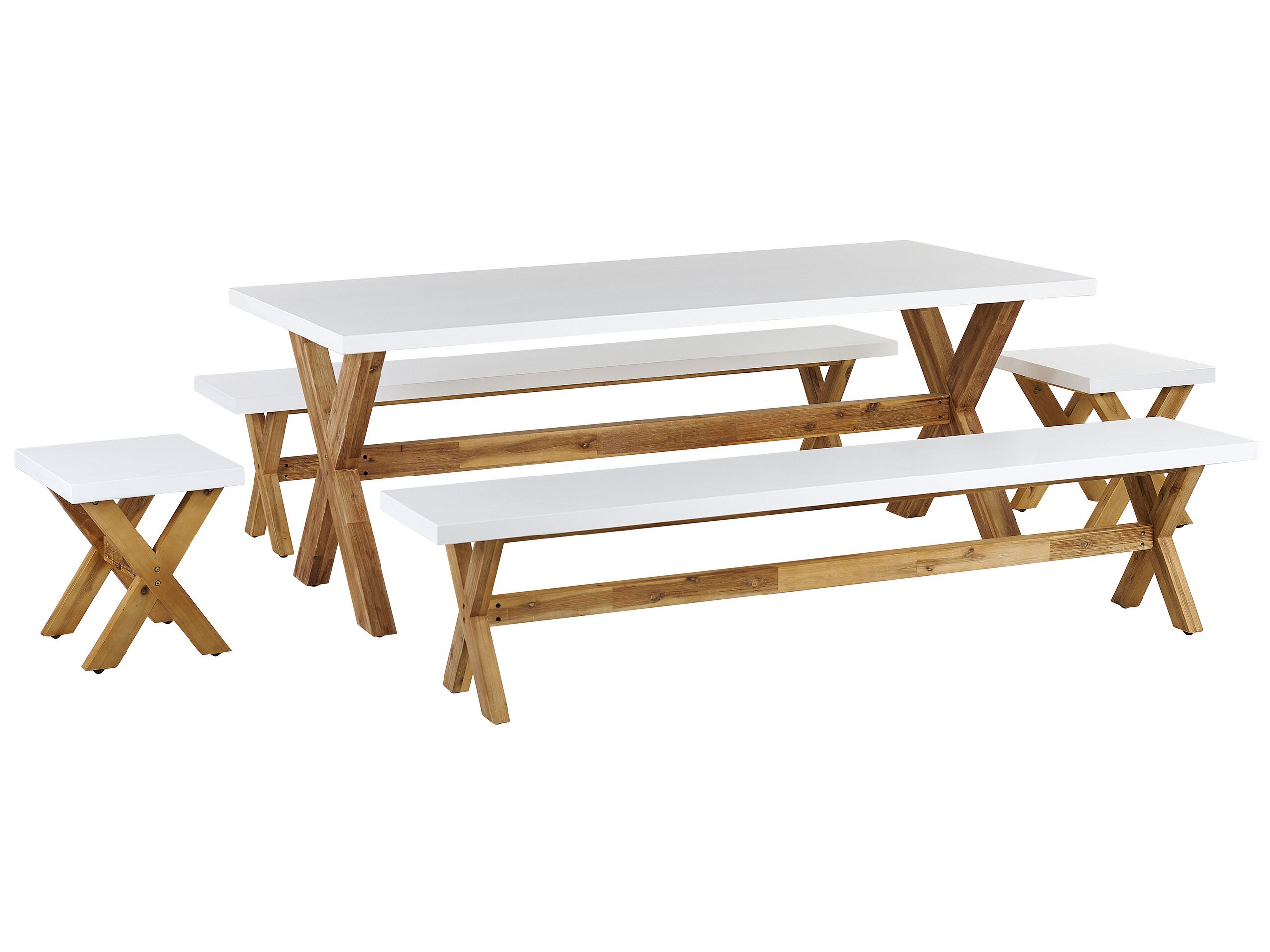 8 Seater Concrete Garden Dining Set Benches and Stools White OLBIA - Gemini Interiors