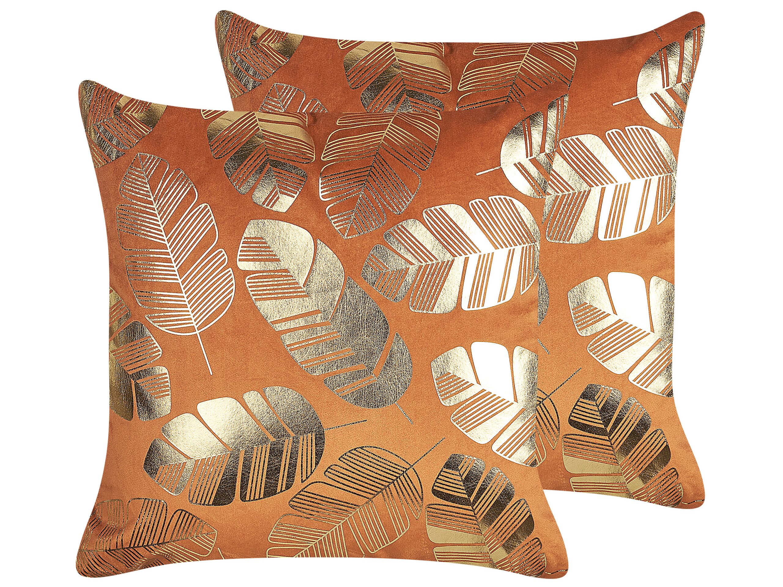Set of 2 Velvet Cushions Leaf Print 45x45cm Orange - Gemini Interiors