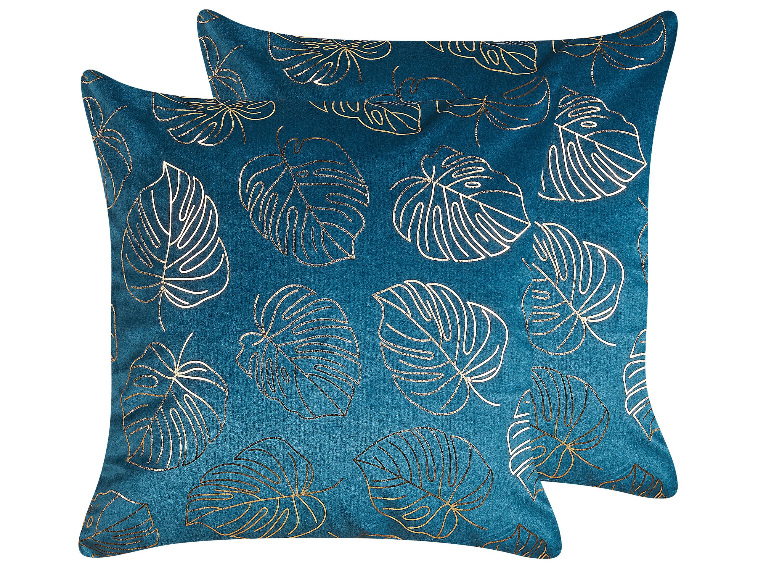 Set of 2 Velvet Cushions Leaf Print 45x45cm Blue - Gemini Interiors
