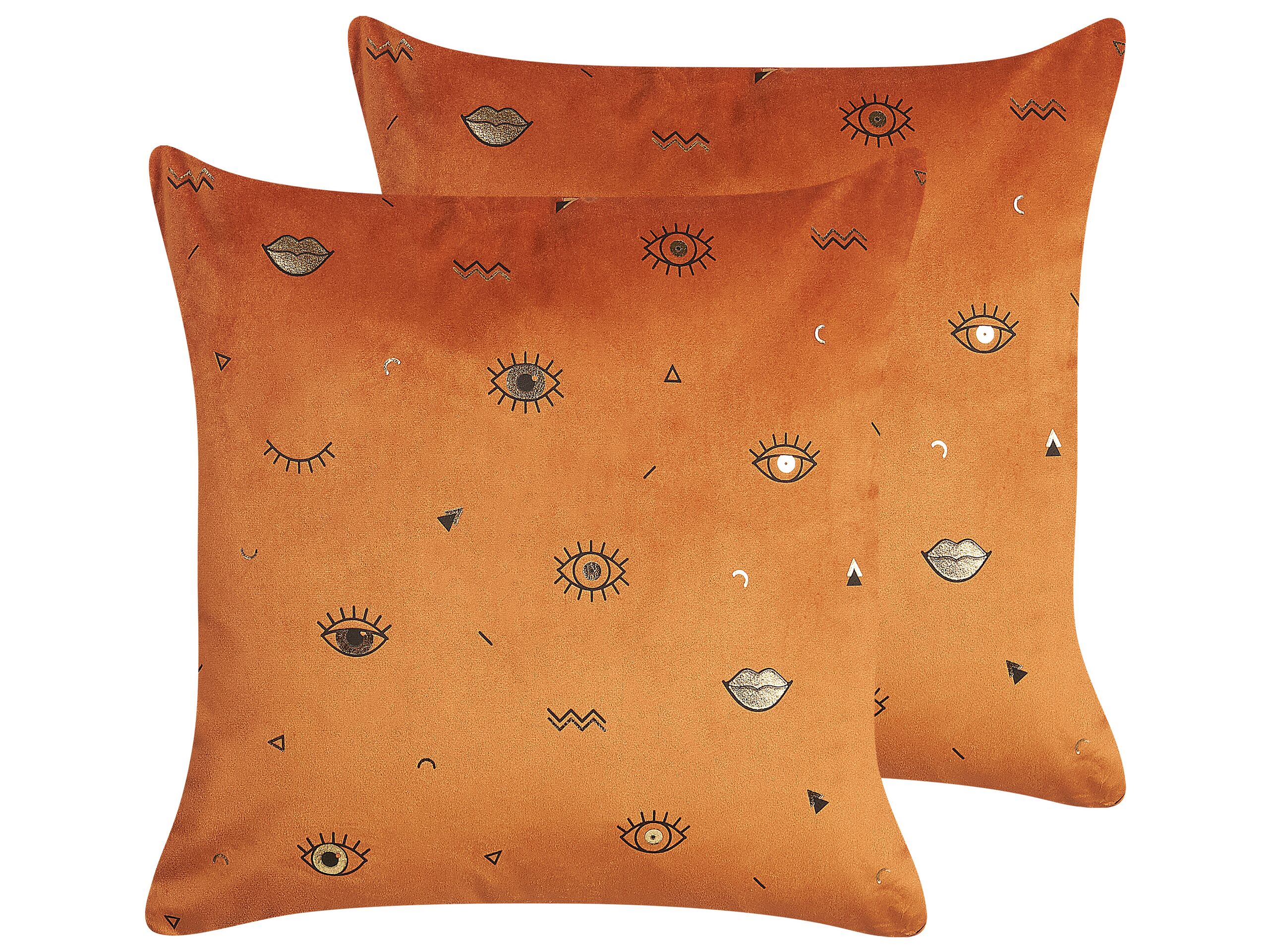 Set of 2 Velvet Cushions Eye Motif 45x45cm Orange - Gemini Interiors