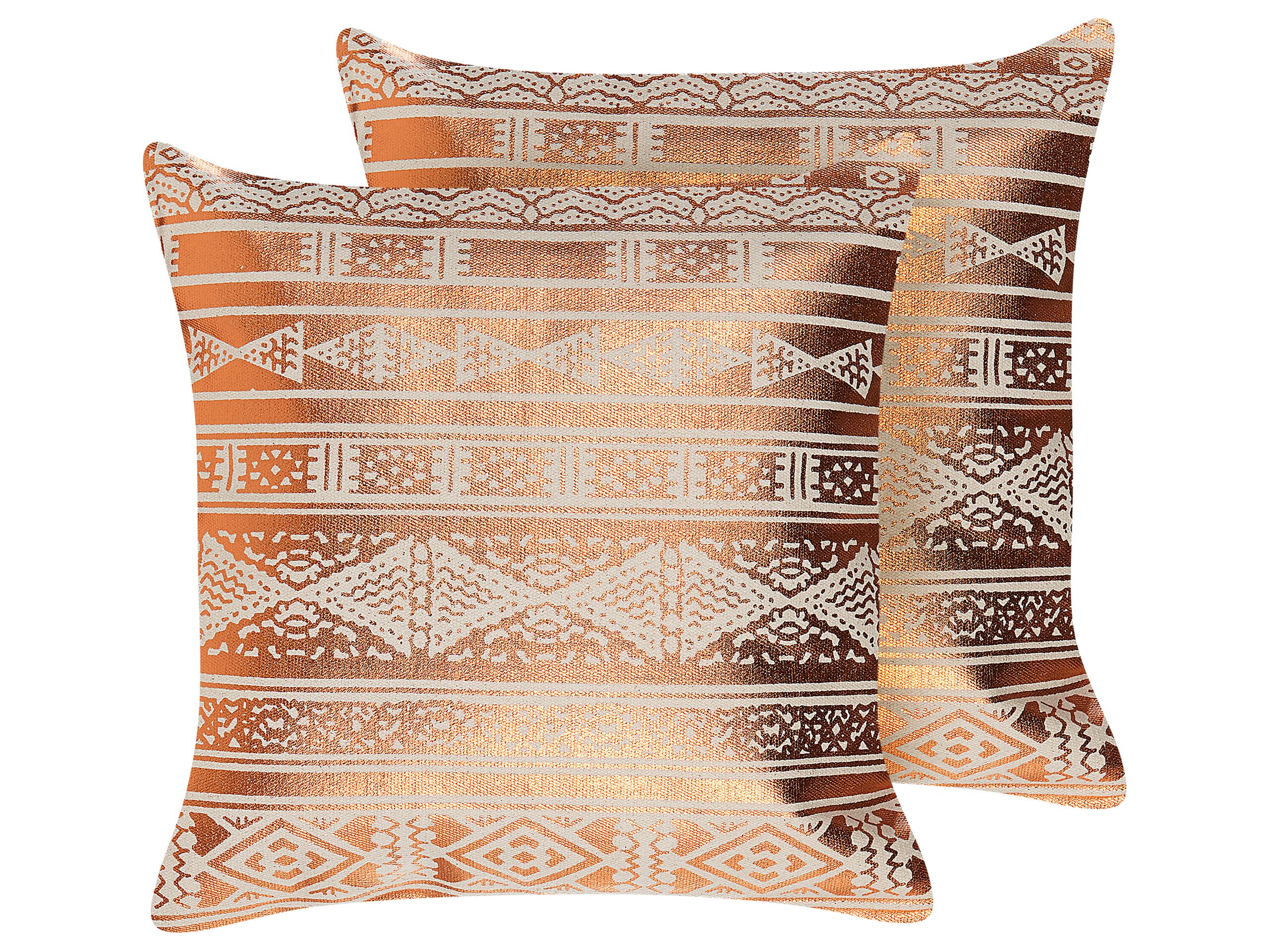 Set of 2 Cotton Cushions Geometric Pattern 50x50cm Copper - Gemini Interiors