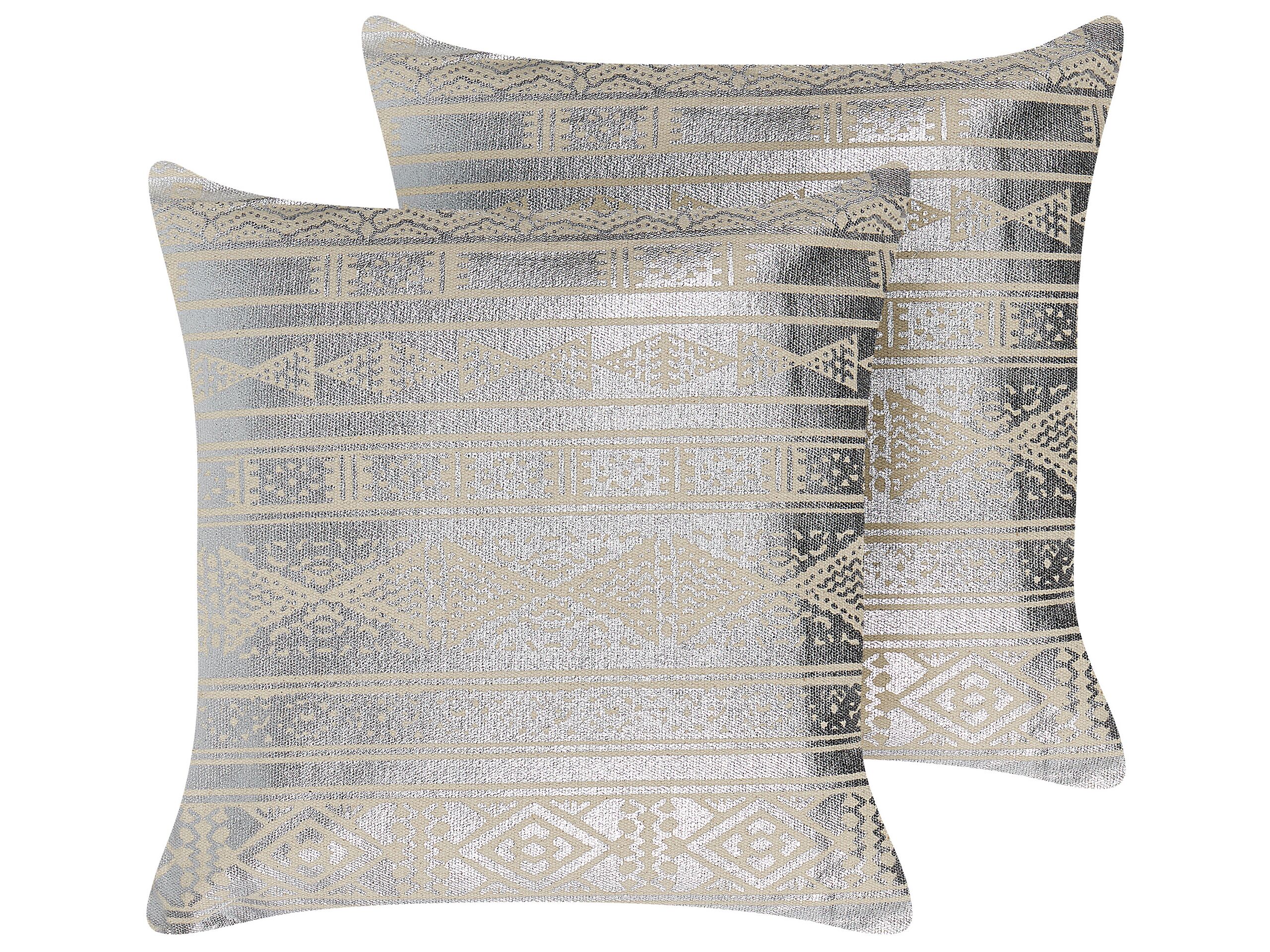 Set of 2 Cotton Cushions Geometric Pattern 50x50cm Silver - Gemini Interiors