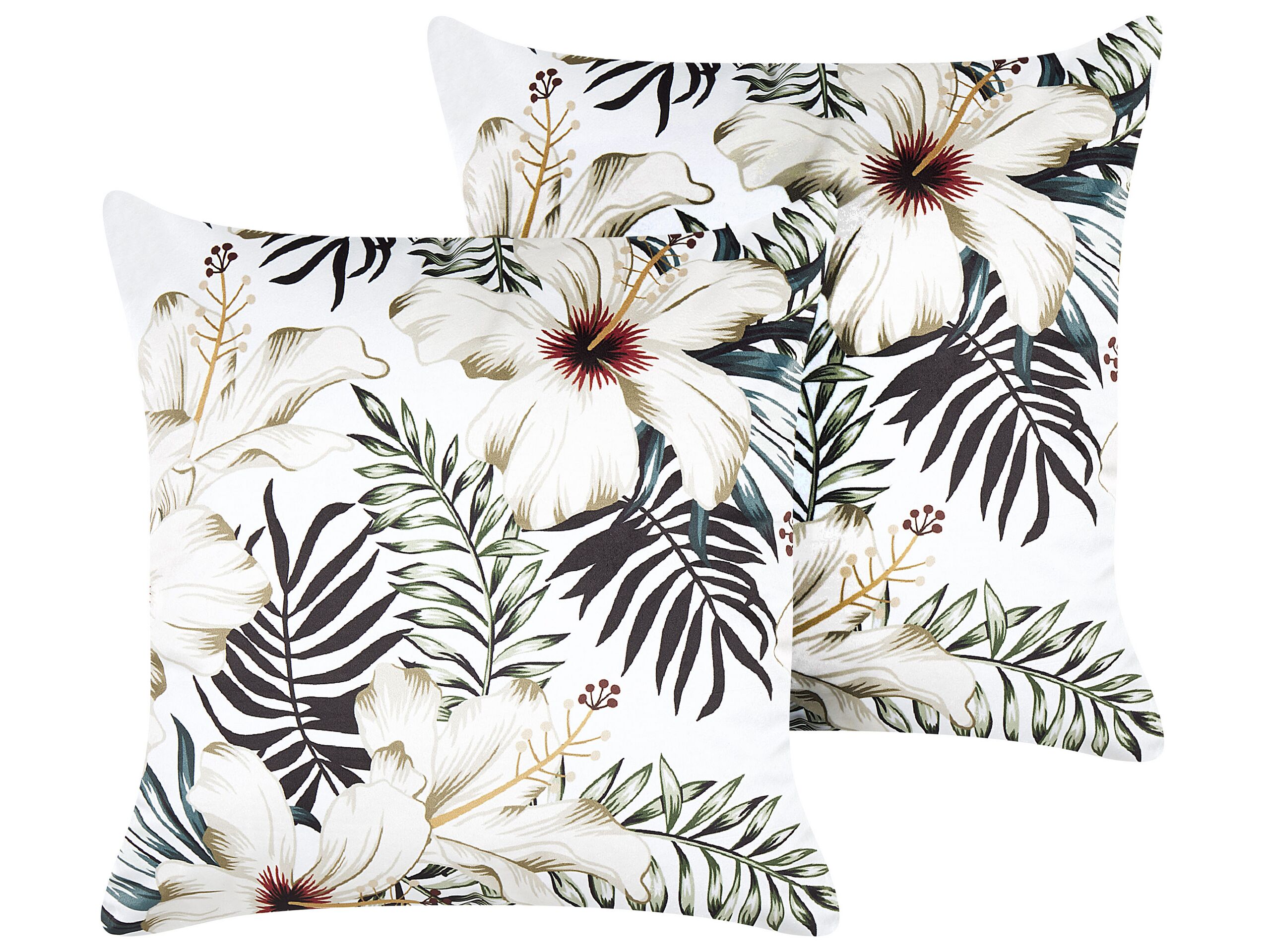 Set of 2 Velvet Cushions Leaf Pattern 45x45cm White and Green - Gemini Interiors