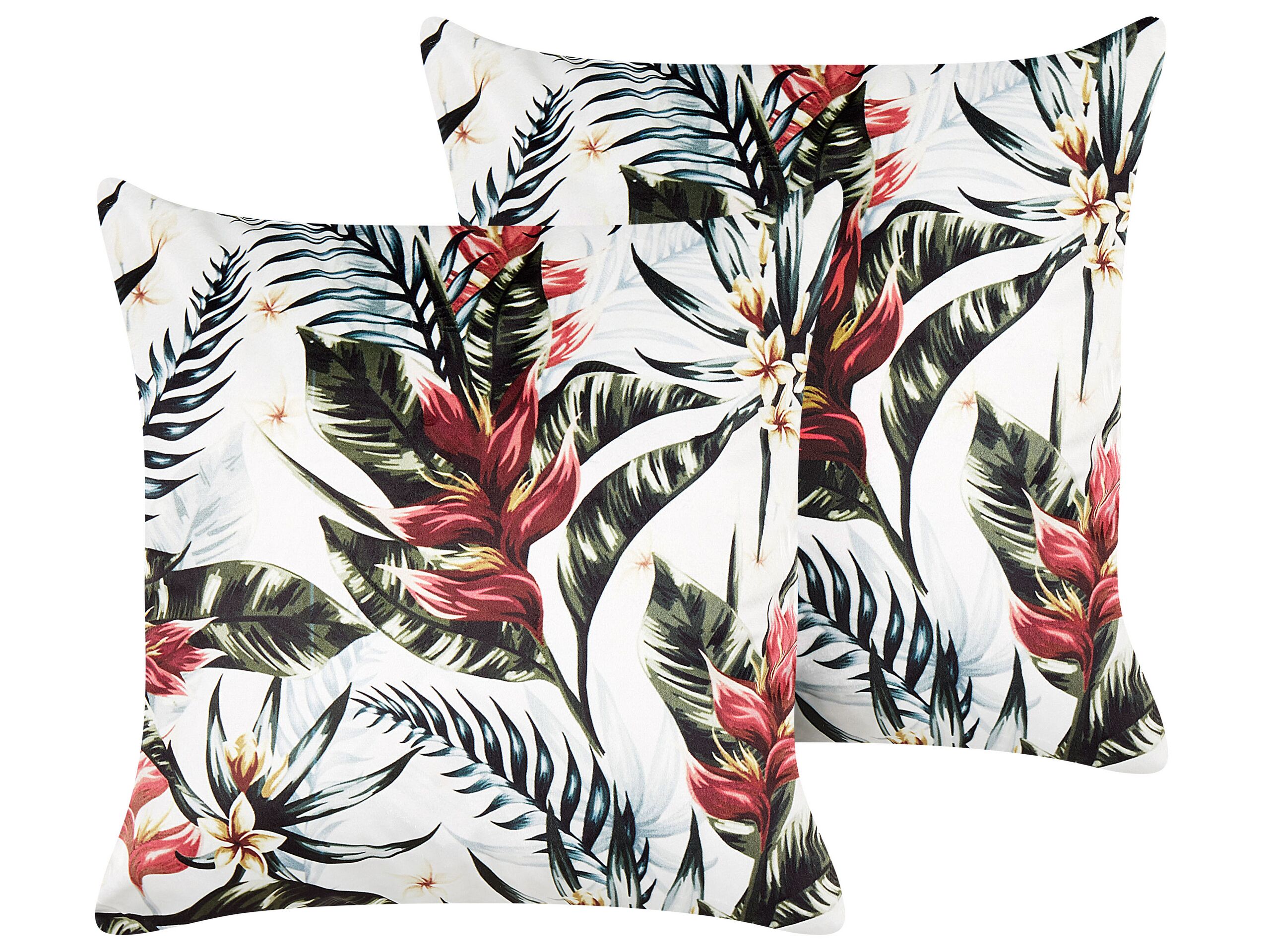 Set of 2 Velvet Cushions Leaf Pattern 45x45cm Green and Red - Gemini Interiors
