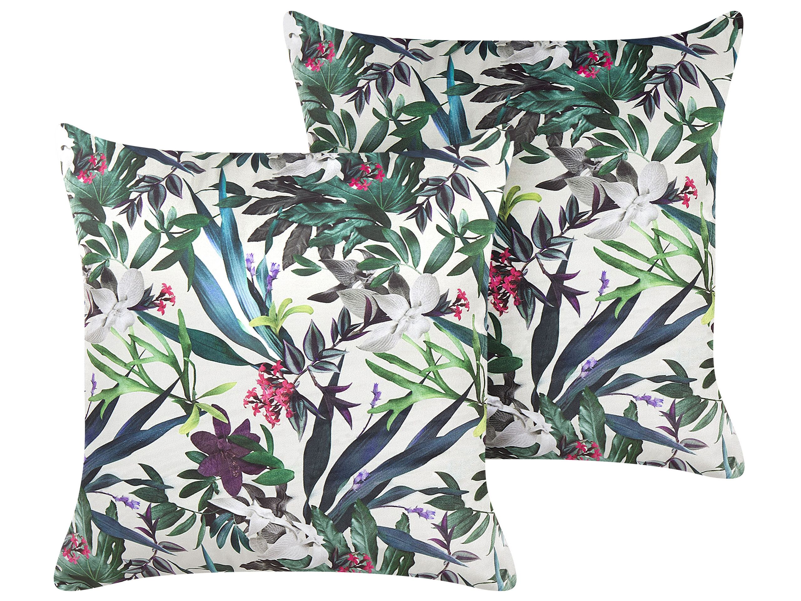 Set of 2 Velvet Cushions Leaf Pattern 45x45cm Green - Gemini Interiors