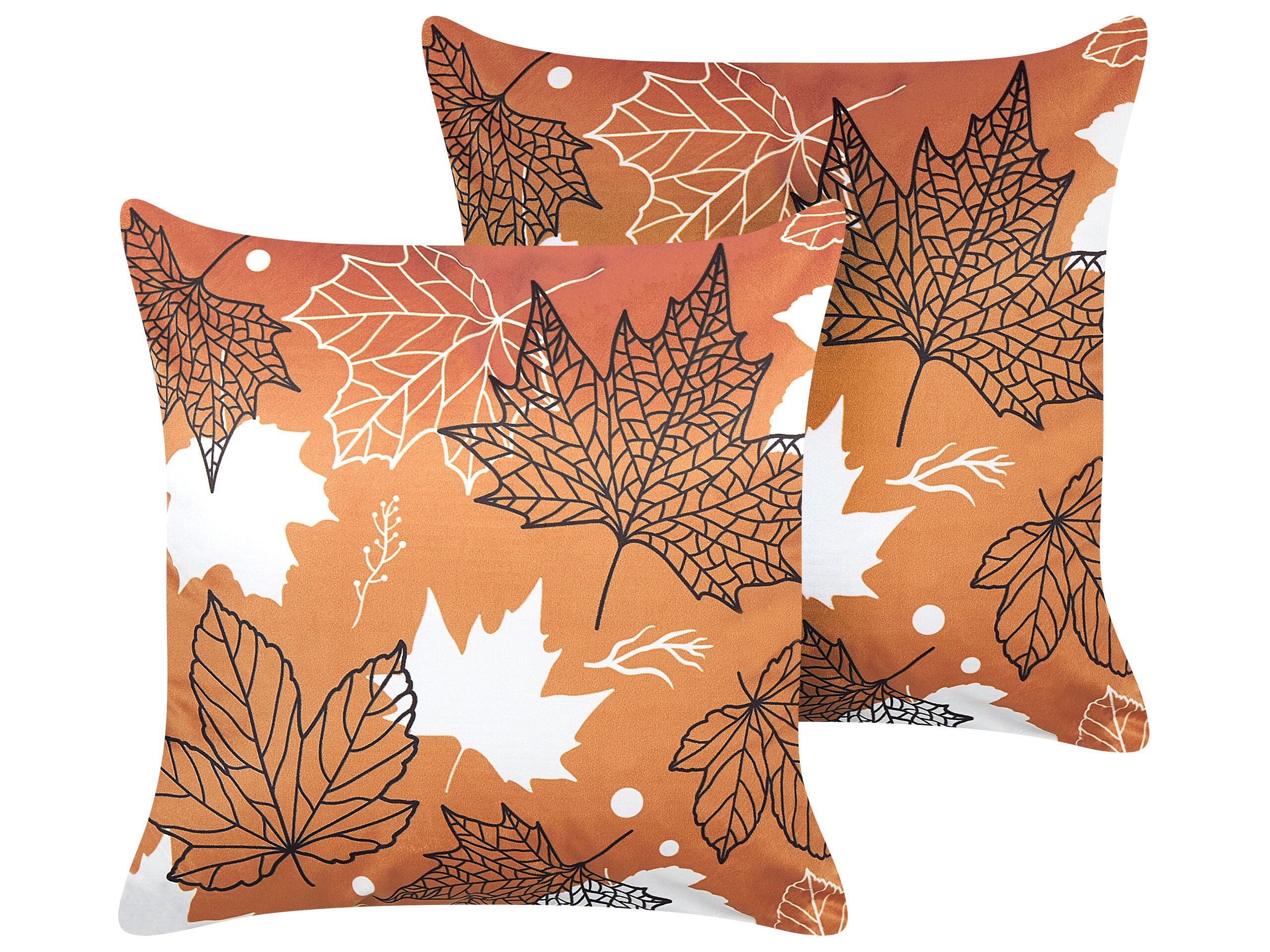 Set of 2 Velvet Cushions Leaf Pattern 45x45cm Orange - Gemini Interiors