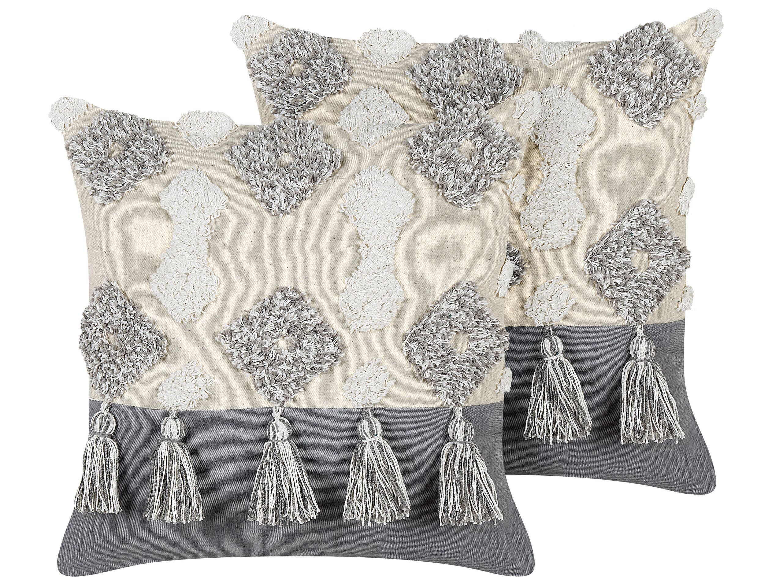 Set of 2 Tufted Cotton Cushions with Tassels 45x45cm Beige and Grey - Gemini Interiors
