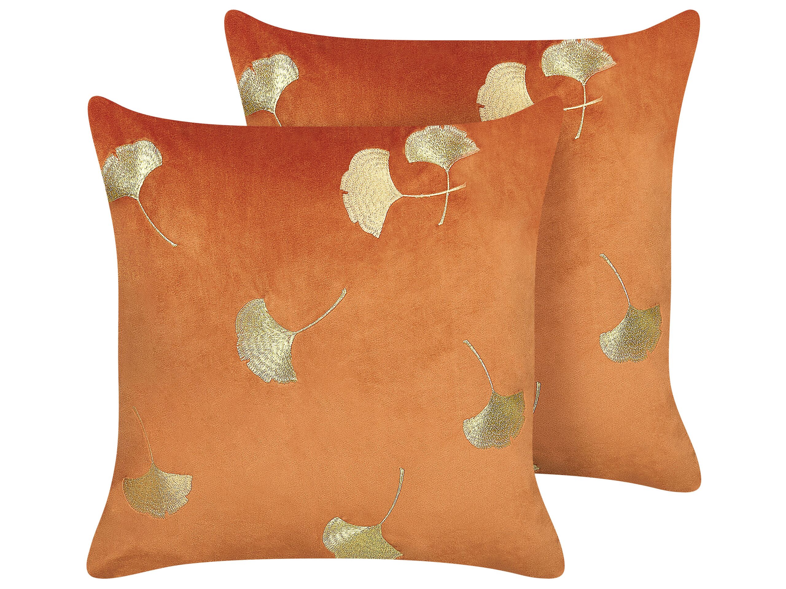 Set of 2 Velvet Cushions Leaf Print 45x45cm Orange - Gemini Interiors