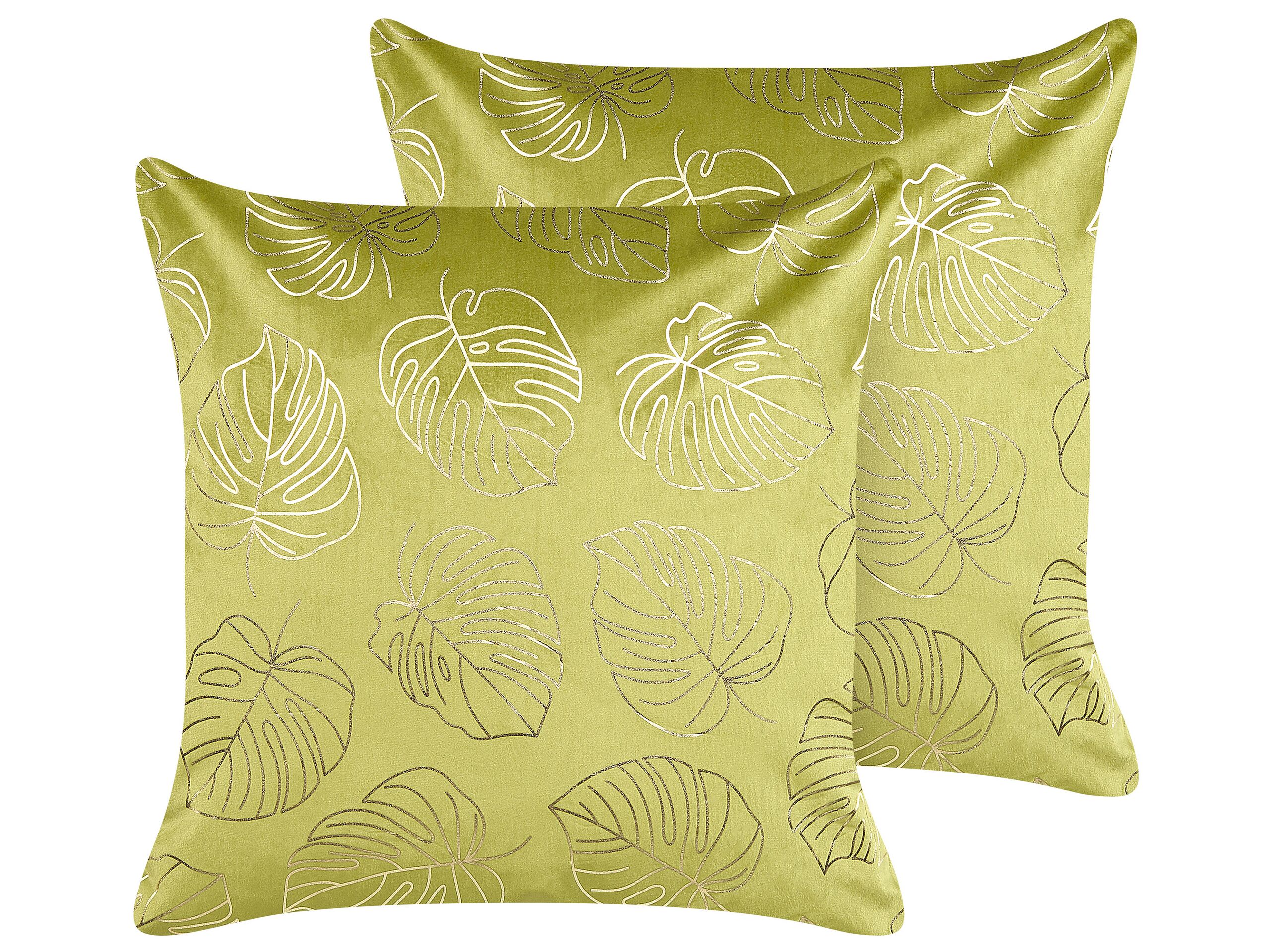 Set of 2 Velvet Cushions Leaf Pattern 45x45cm Light Green - Gemini Interiors