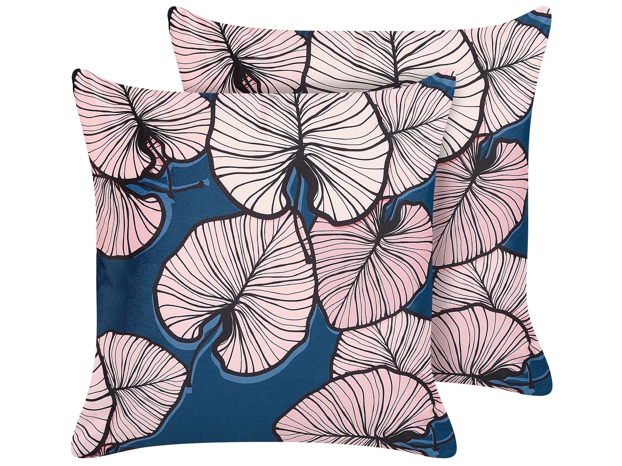 Set of 2 Velvet Cushions Leaf Pattern 45x45cm Blue and Pink - Gemini Interiors