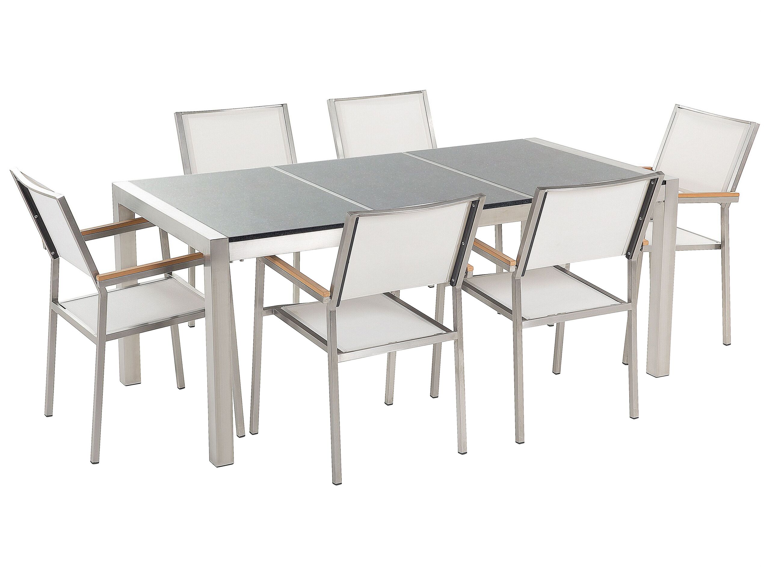 6 Seater Garden Dining Set Grey Granite Triple Plate Top with White Chairs GROSSETO - Gemini Interiors
