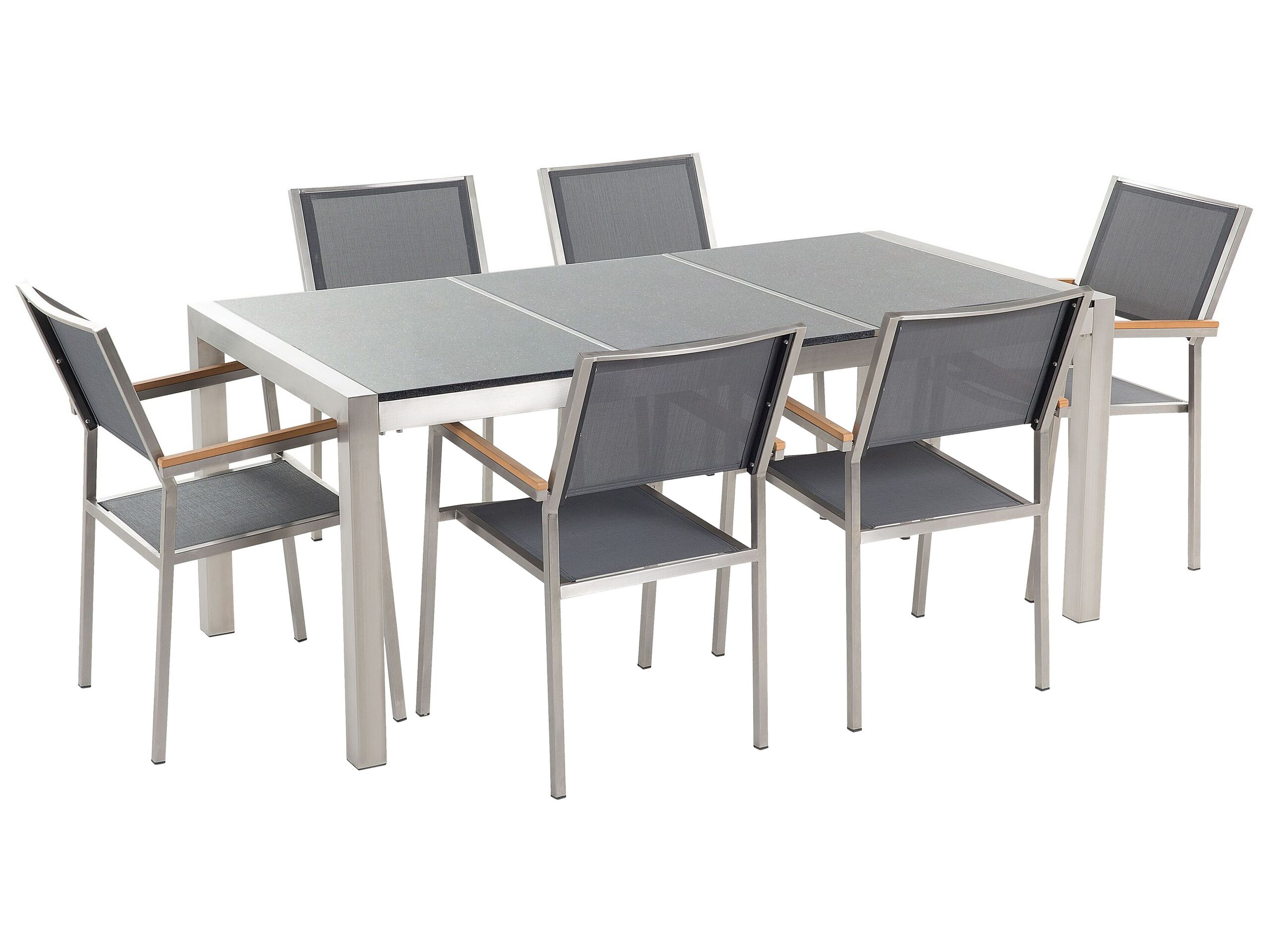 6 Seater Garden Dining Set Grey Granite Triple Plate Top with Grey Chairs GROSSETO - Gemini Interiors