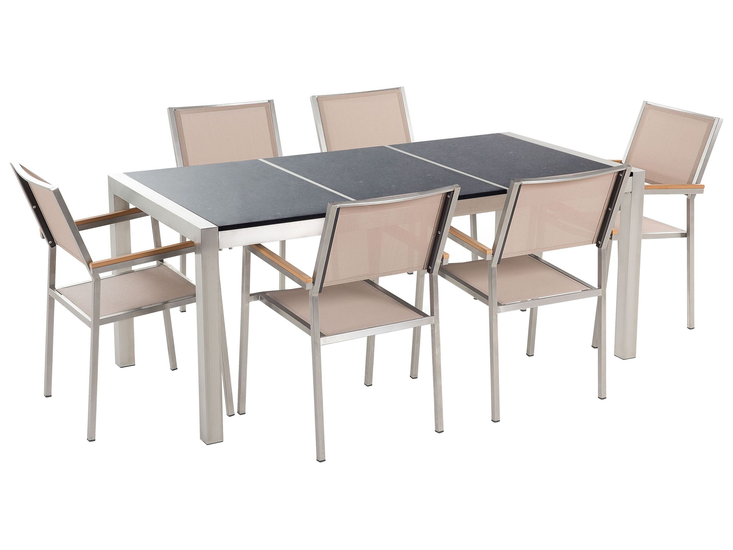 6 Seater Garden Dining Set Black Granite Triple Plate Top with Beige Chairs GROSSETO - Gemini Interiors