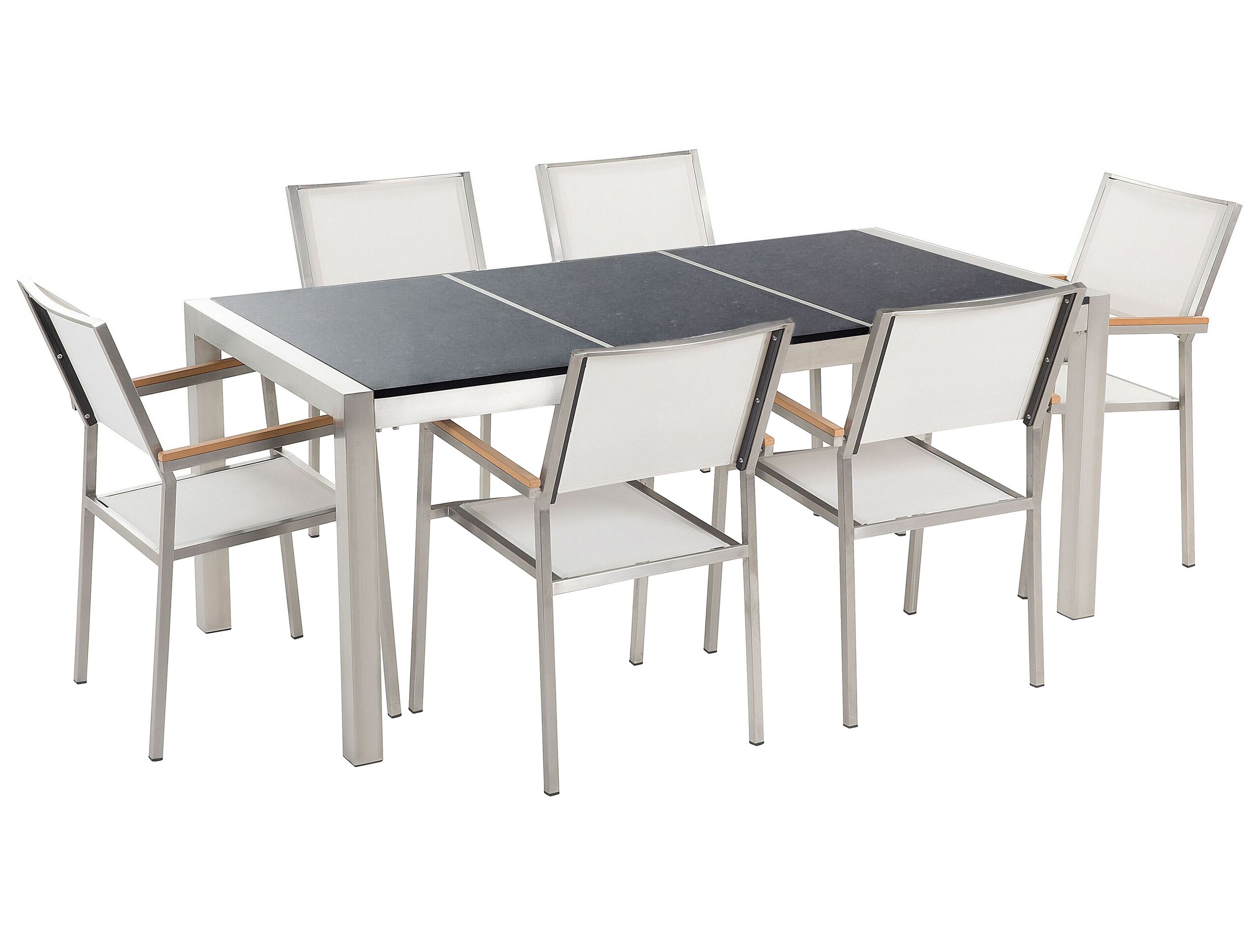 6 Seater Garden Dining Set Black Granite Triple Plate Top with White Chairs GROSSETO - Gemini Interiors