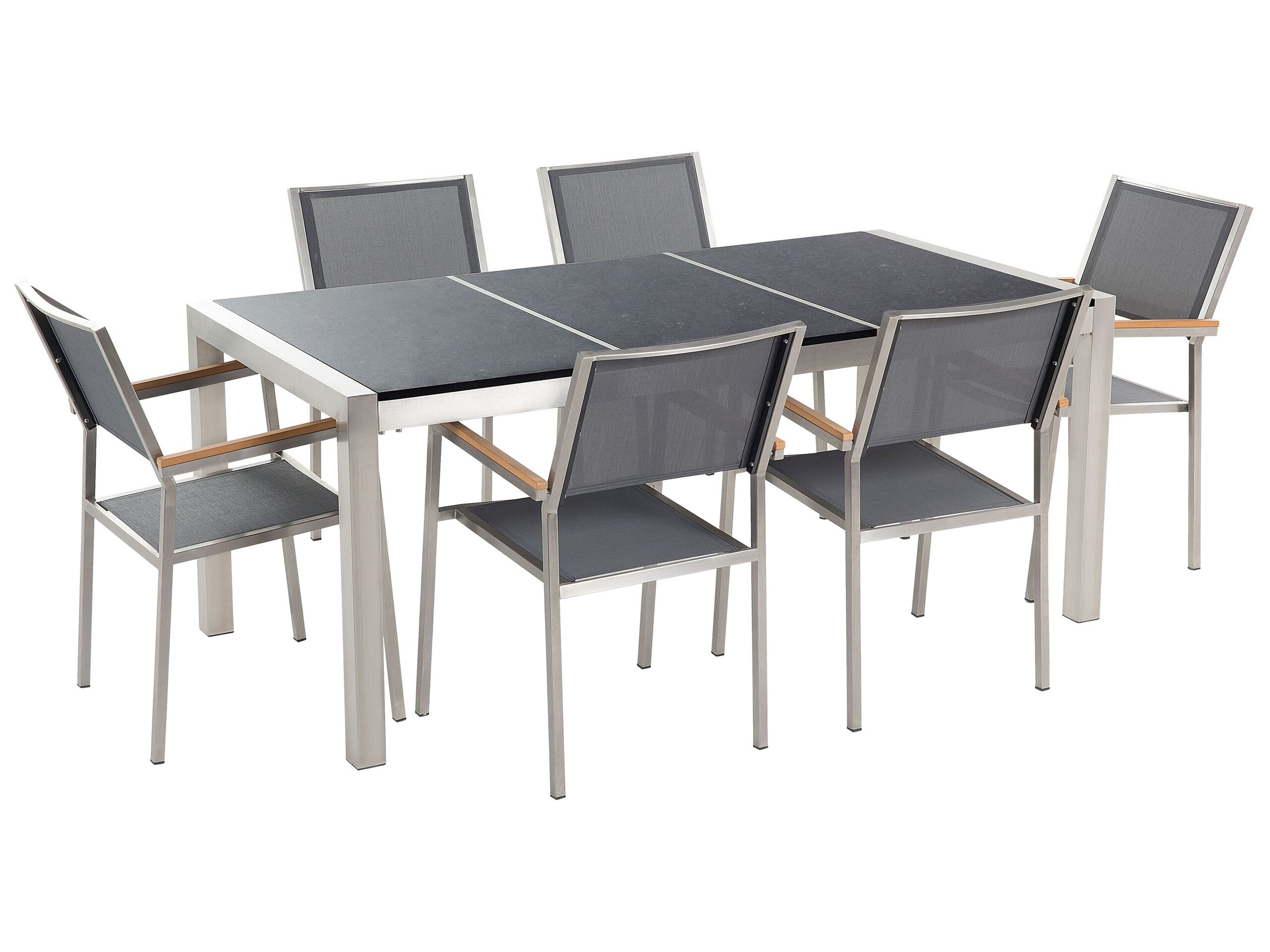 6 Seater Garden Dining Set Black Granite Triple Plate Top with Grey Chairs GROSSETO - Gemini Interiors
