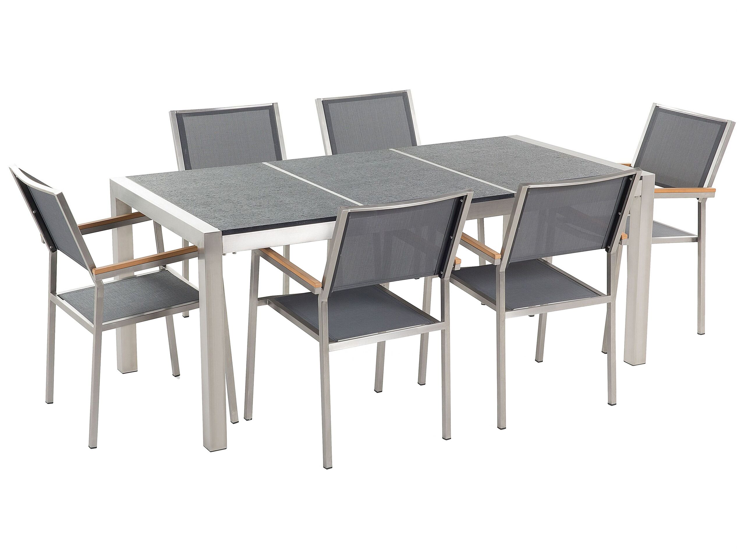 6 Seater Dining Set Black Basalt Top Grey Chairs GROSSETO - Gemini Interiors