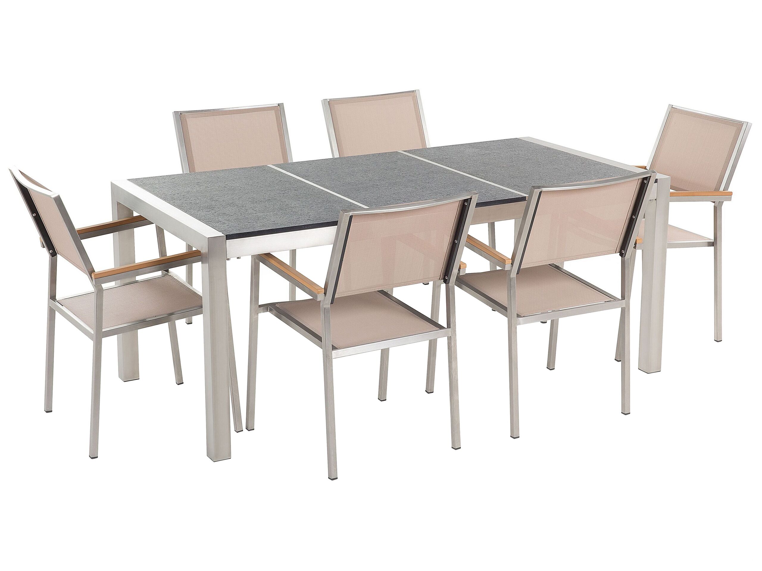 6 Seater Garden Dining Set Black Basalt Top Beige Chairs GROSSETO - Gemini Interiors